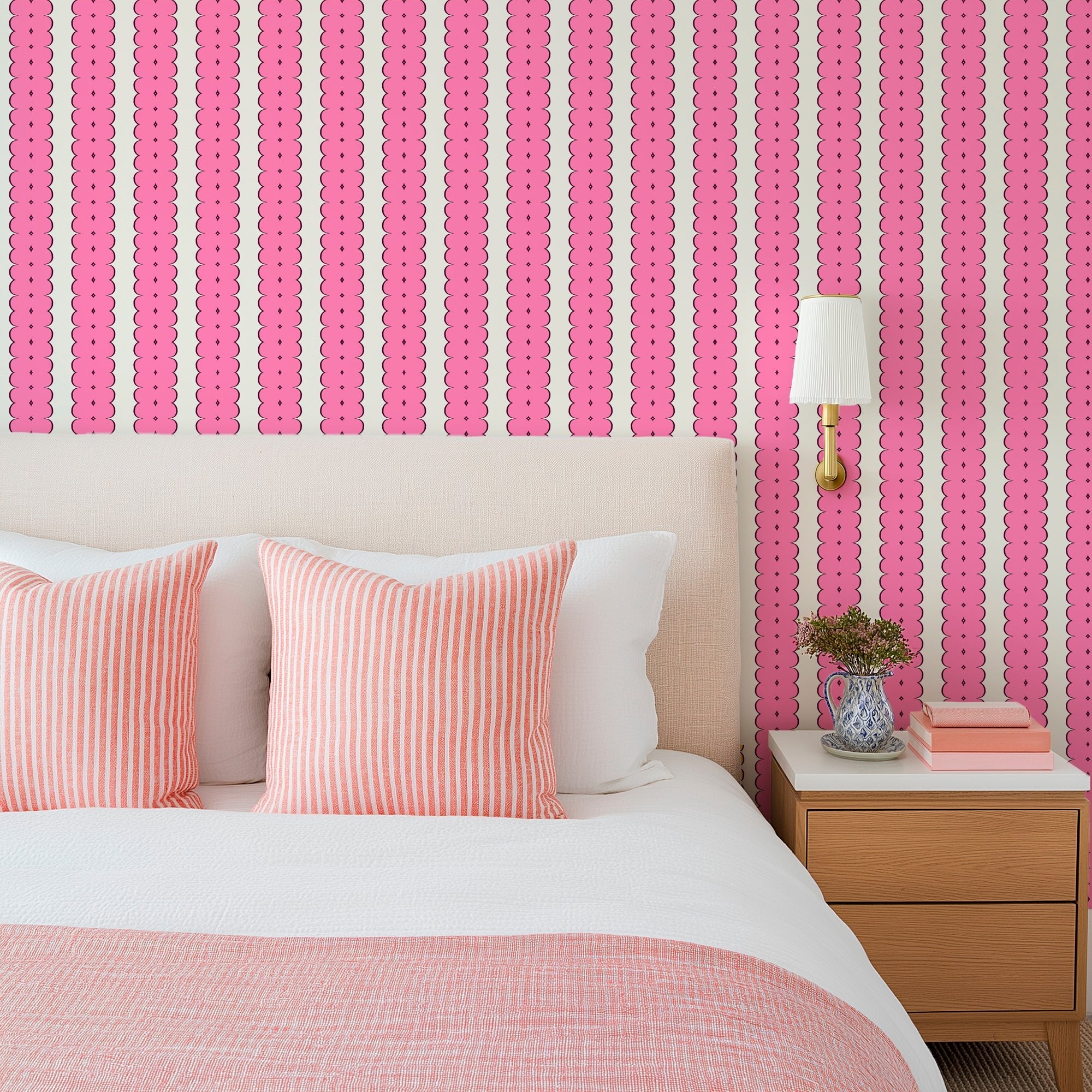 Feminine Ribbon Stripe Wallpaper for Bohemian Decor - Wallpaper | Victoria Bright Home - Colorful Modern Wallpaper For Your Home - - bedroom,feminine,kids,kitchen,modern,nursery,office,pink,victorian,vintage,yellow