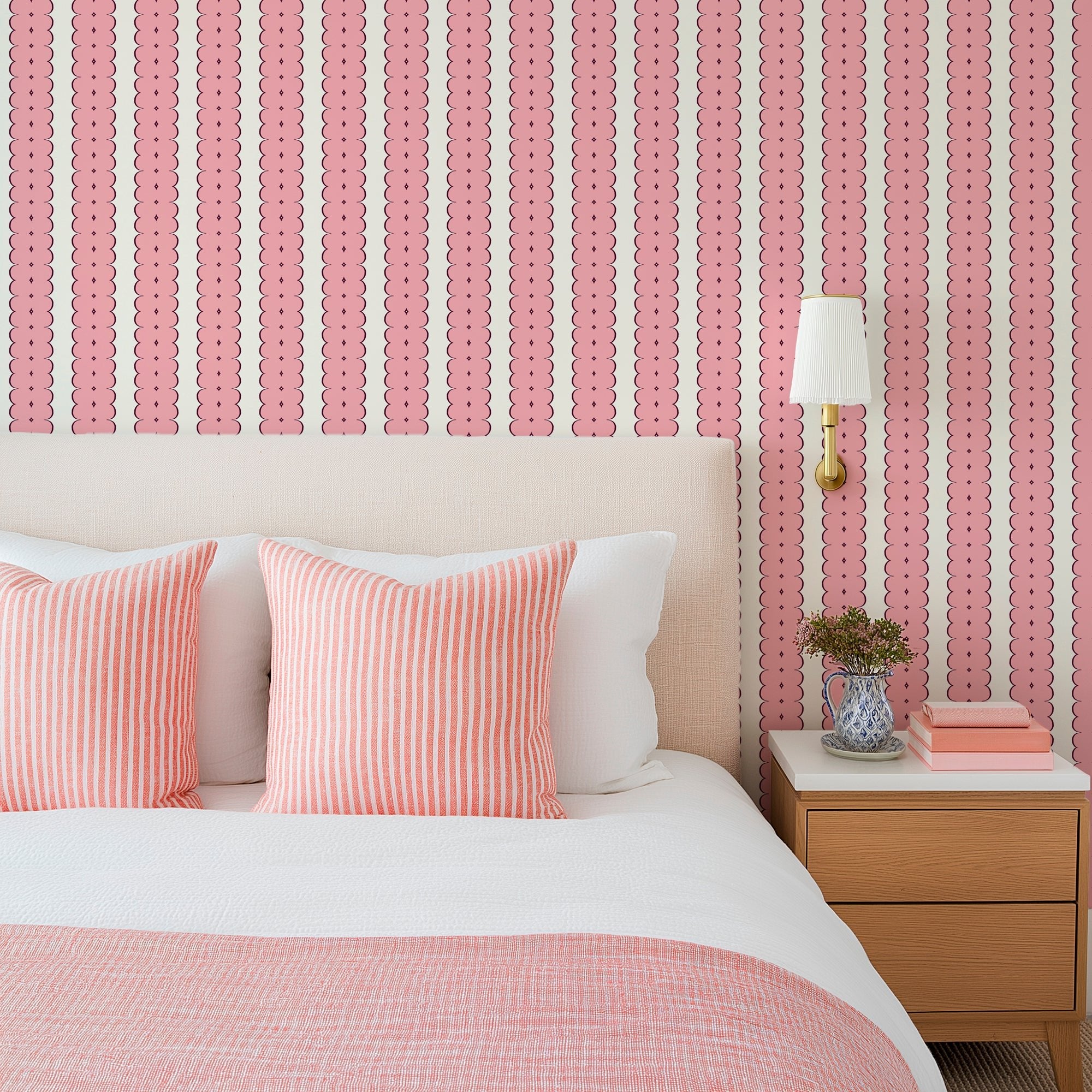 Feminine Ribbon Stripe Wallpaper for Bohemian Decor - Wallpaper | Victoria Bright Home - Colorful Modern Wallpaper For Your Home - - bedroom,feminine,kids,kitchen,modern,nursery,office,pink,victorian,vintage,yellow