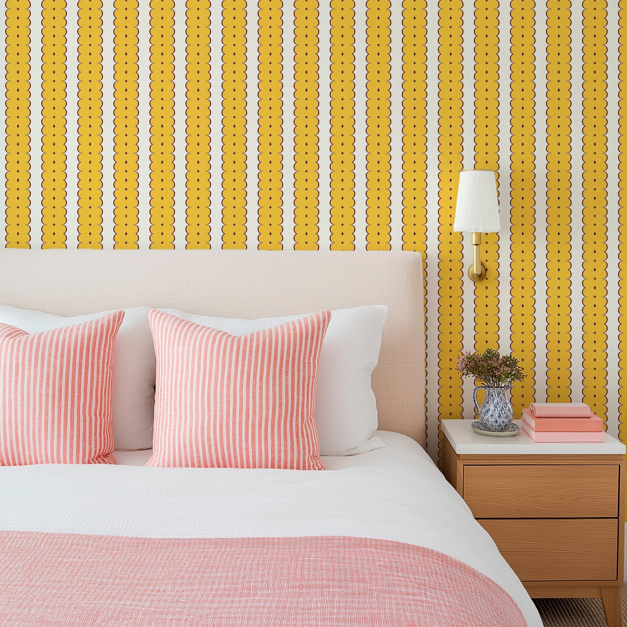 Feminine Ribbon Stripe Wallpaper for Bohemian Decor - Wallpaper | Victoria Bright Home - Colorful Modern Wallpaper For Your Home - - bedroom,feminine,kids,kitchen,modern,nursery,office,pink,victorian,vintage,yellow