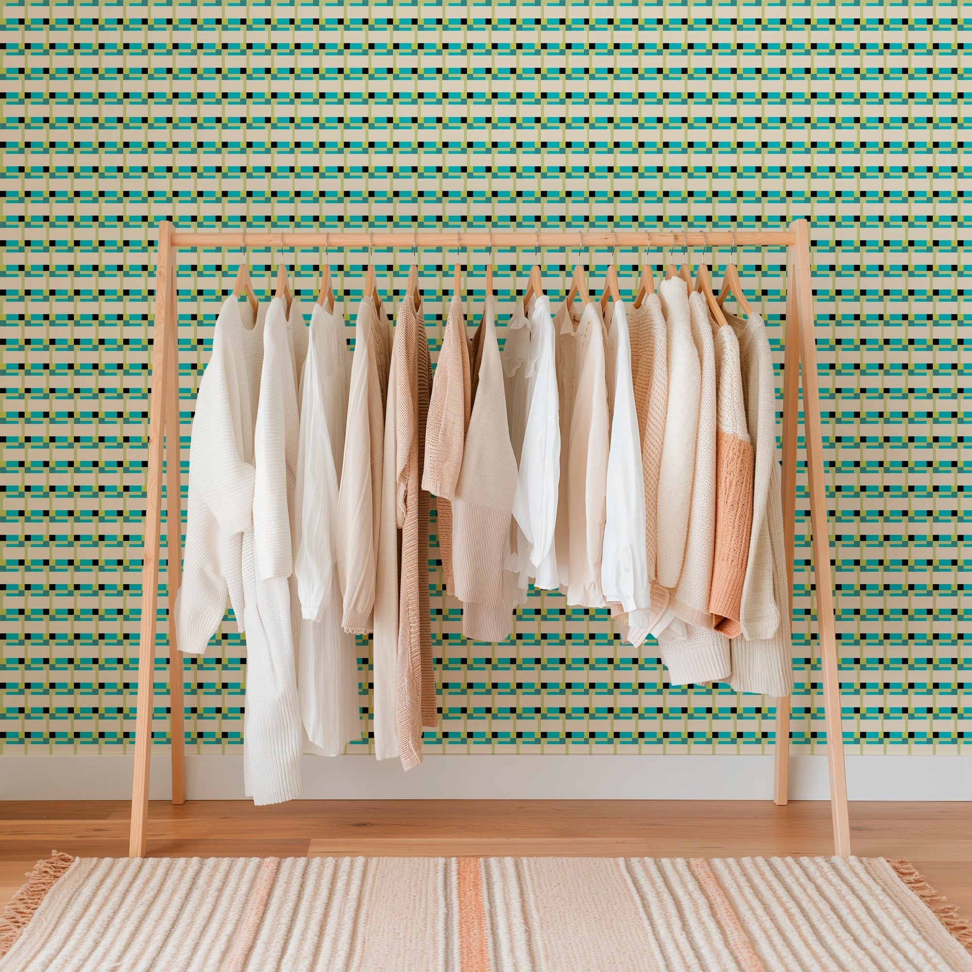 Modern Fifty Retro Wallpaper in Turquoise and Lime Green - Wallpaper | Victoria Bright Home - Colorful Modern Wallpaper For Your Home - - black,checkered,cream,dining,green,kitchen,mid century,Minimalist,modern,office,retro,turquoise