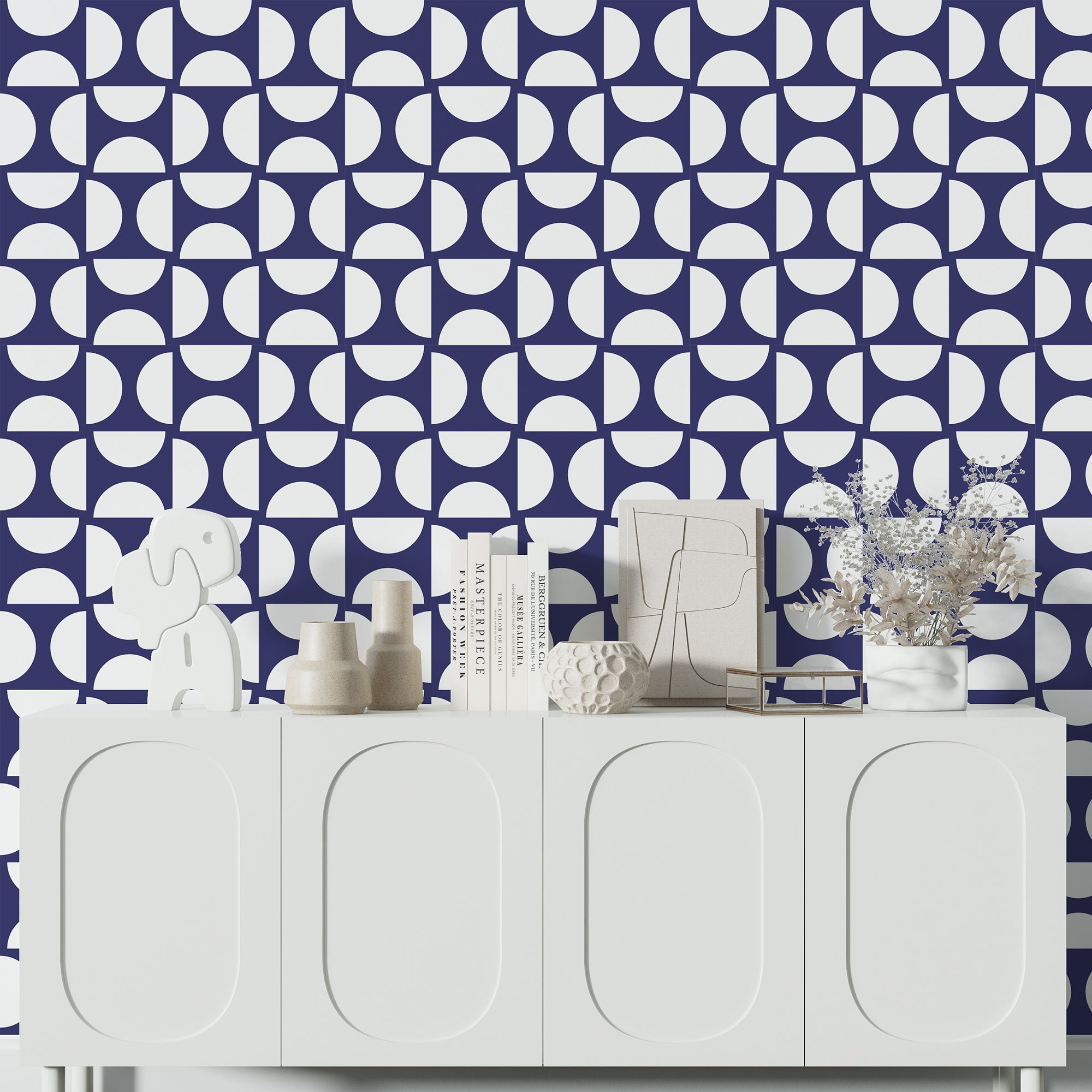 Half Moons Bauhaus Blue and White Modern Wallpaper - Wallpaper | Victoria Bright Home - Colorful Modern Wallpaper For Your Home - - bauhaus,bedroom,blue,blue and white,dots,living,modern