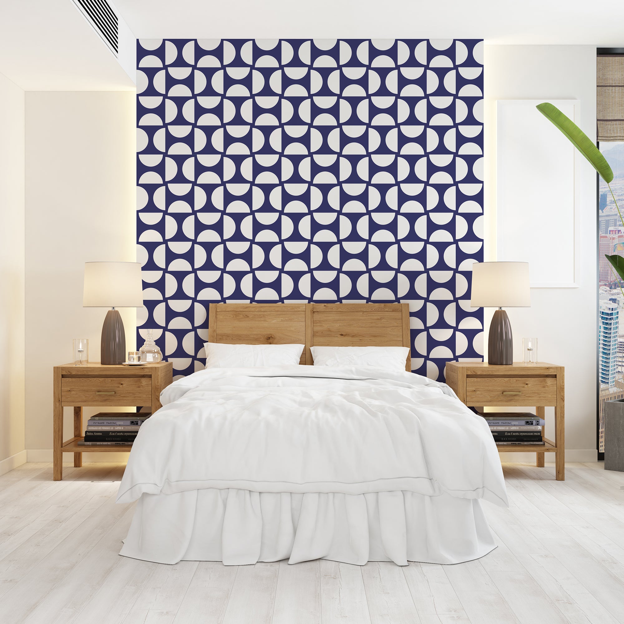 Half Moons Bauhaus Blue and White Modern Wallpaper - Wallpaper | Victoria Bright Home - Colorful Modern Wallpaper For Your Home - - bauhaus,bedroom,blue,blue and white,dots,living,modern