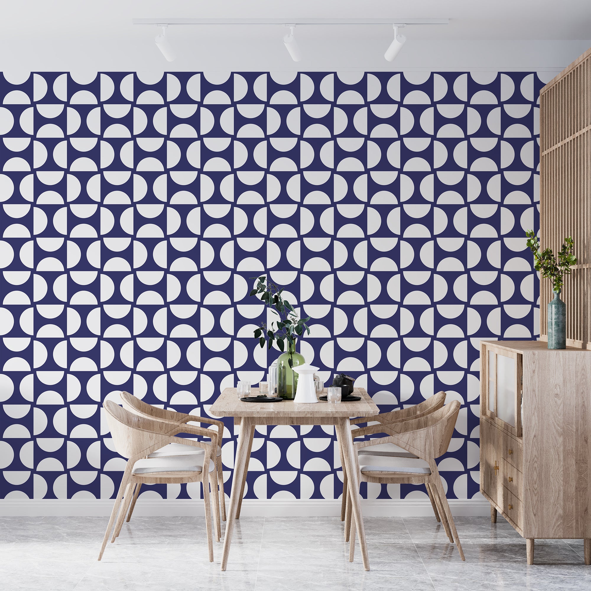 Half Moons Bauhaus Blue and White Modern Wallpaper - Wallpaper | Victoria Bright Home - Colorful Modern Wallpaper For Your Home - - bauhaus,bedroom,blue,blue and white,dots,living,modern