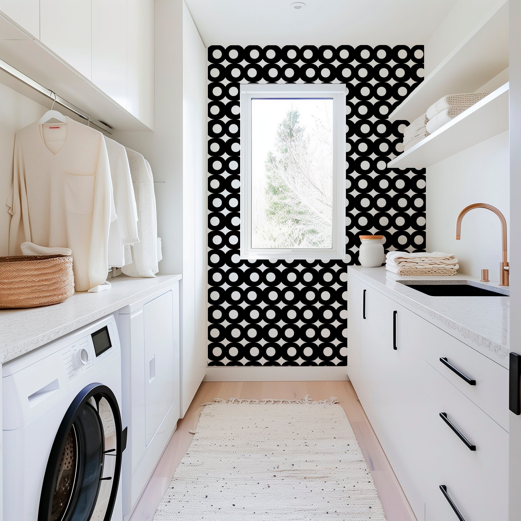 Audrey Retro Modern Black and White Wallpaper - Wallpaper | Victoria Bright Home - Colorful Modern Wallpaper For Your Home - - abstract,black,black and white,dining,dots,kitchen,living,modern,retro,sixties