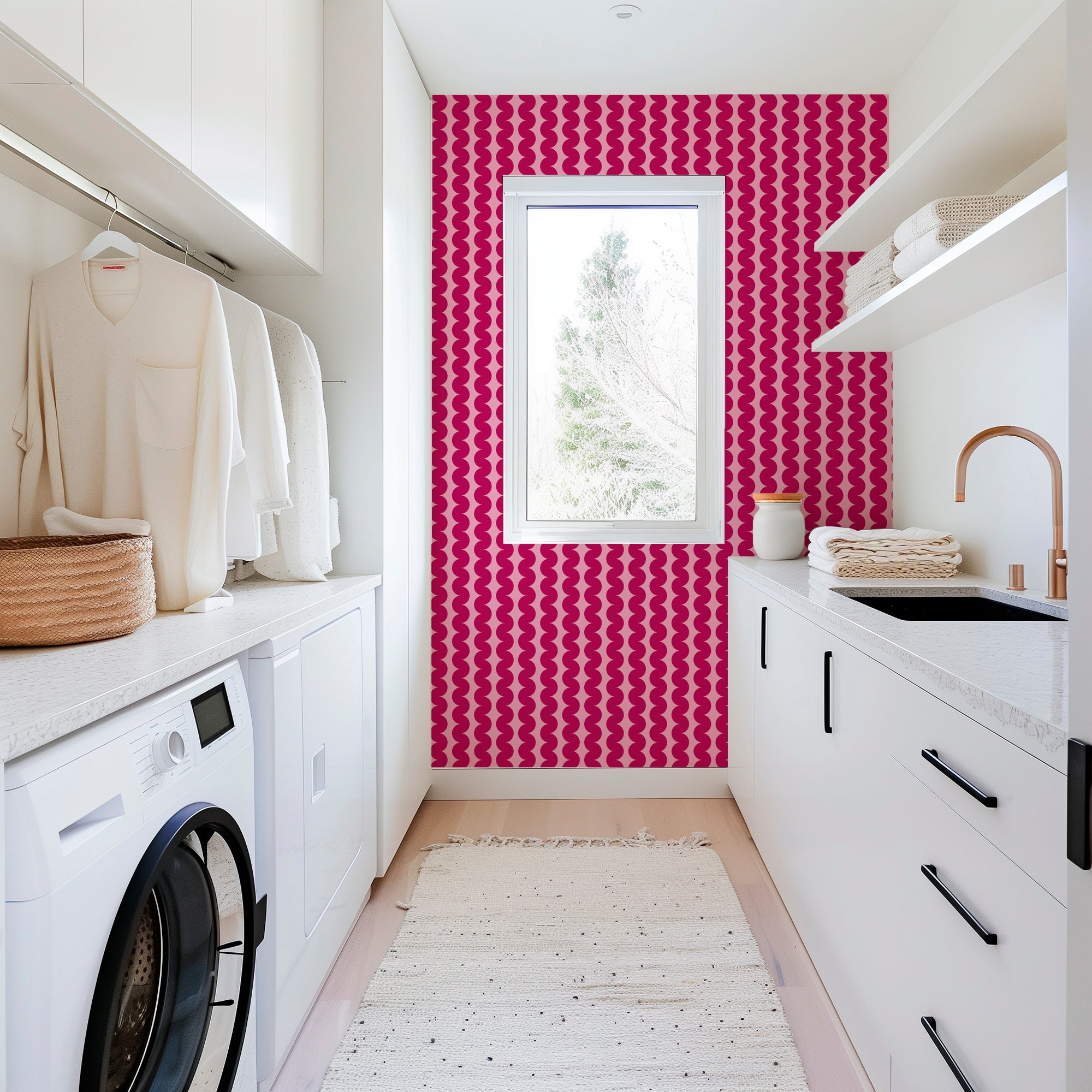 RicRac Ribbon Stripe Nostalgic Wallpaper for Sixties Flaire - Wallpaper | Victoria Bright Home - Colorful Modern Wallpaper For Your Home - - bedroom,feminine,kids,modern,nursery,pink,retro,seventies,sixties,stripes,vintage,zig zag