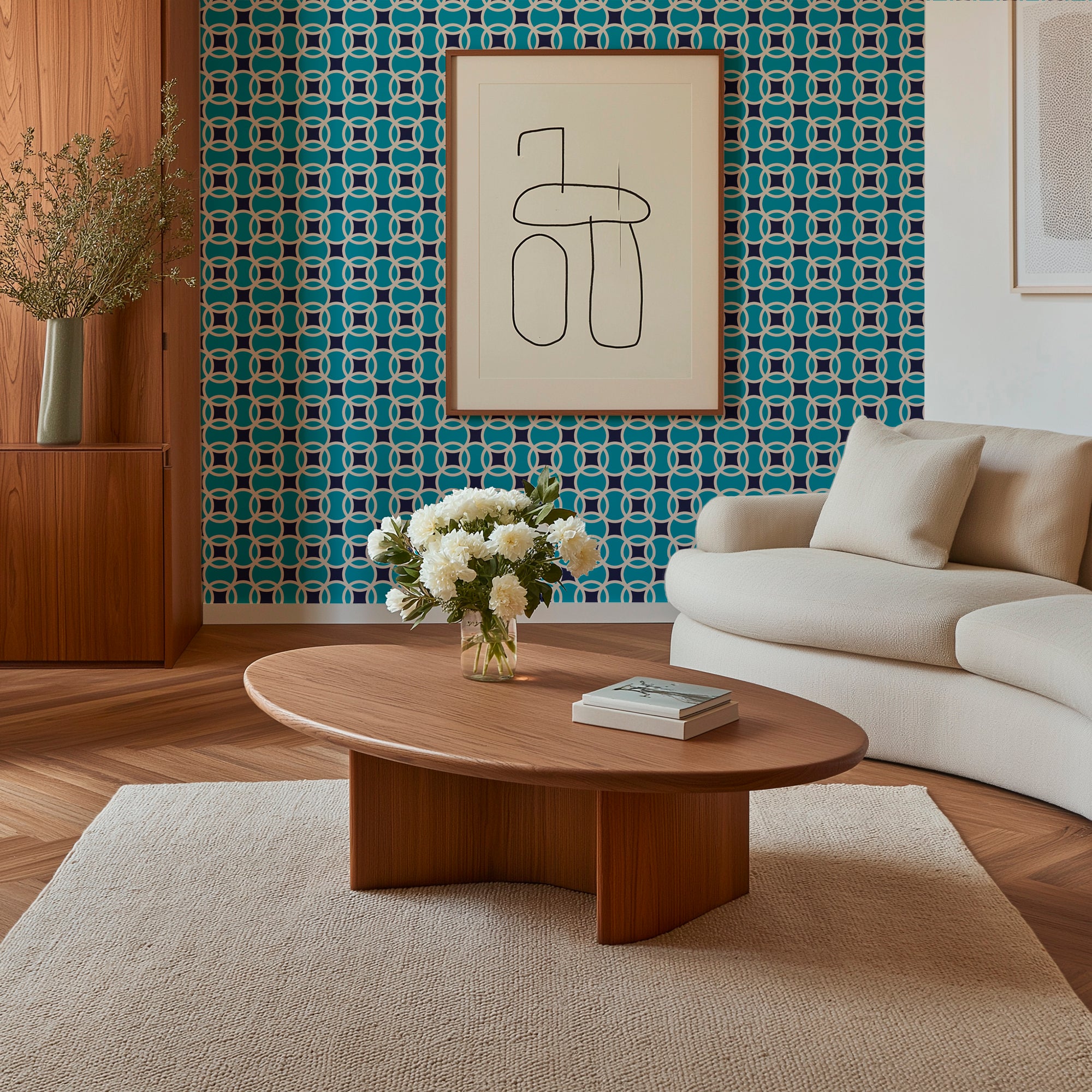 Aquarian Geometric Turquoise Wallpaper for Colorful Kitchens - Wallpaper | Victoria Bright Home - Colorful Modern Wallpaper For Your Home - - blue,dining,living,mid century,modern,office,retro,turquoise