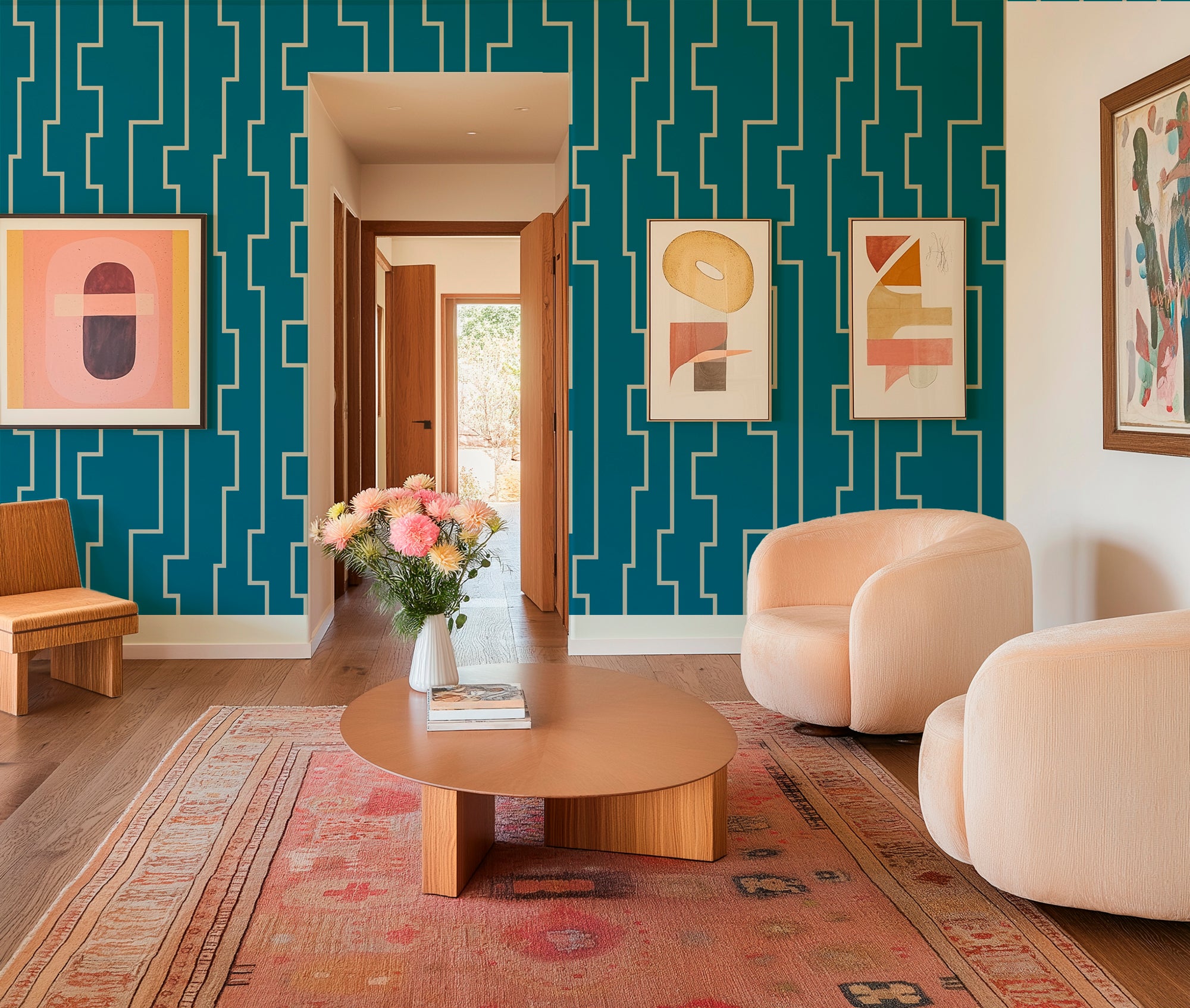 Farmhouse Modern Abstract Stripe Wallpaper in Fresh Colors - Wallpaper | Victoria Bright Home - Colorful Modern Wallpaper For Your Home - - abstract,bedroom,blue,dining,Gray,green,living,modern,office,stripes,turquoise