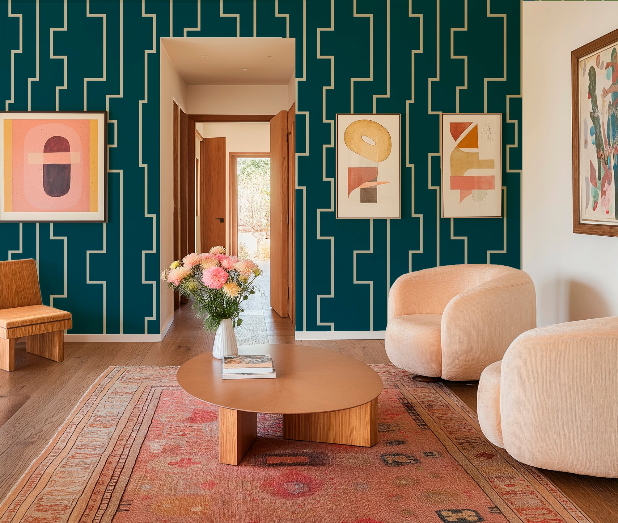 Farmhouse Modern Abstract Stripe Wallpaper in Fresh Colors - Wallpaper | Victoria Bright Home - Colorful Modern Wallpaper For Your Home - - abstract,bedroom,blue,dining,Gray,green,living,modern,office,stripes,turquoise