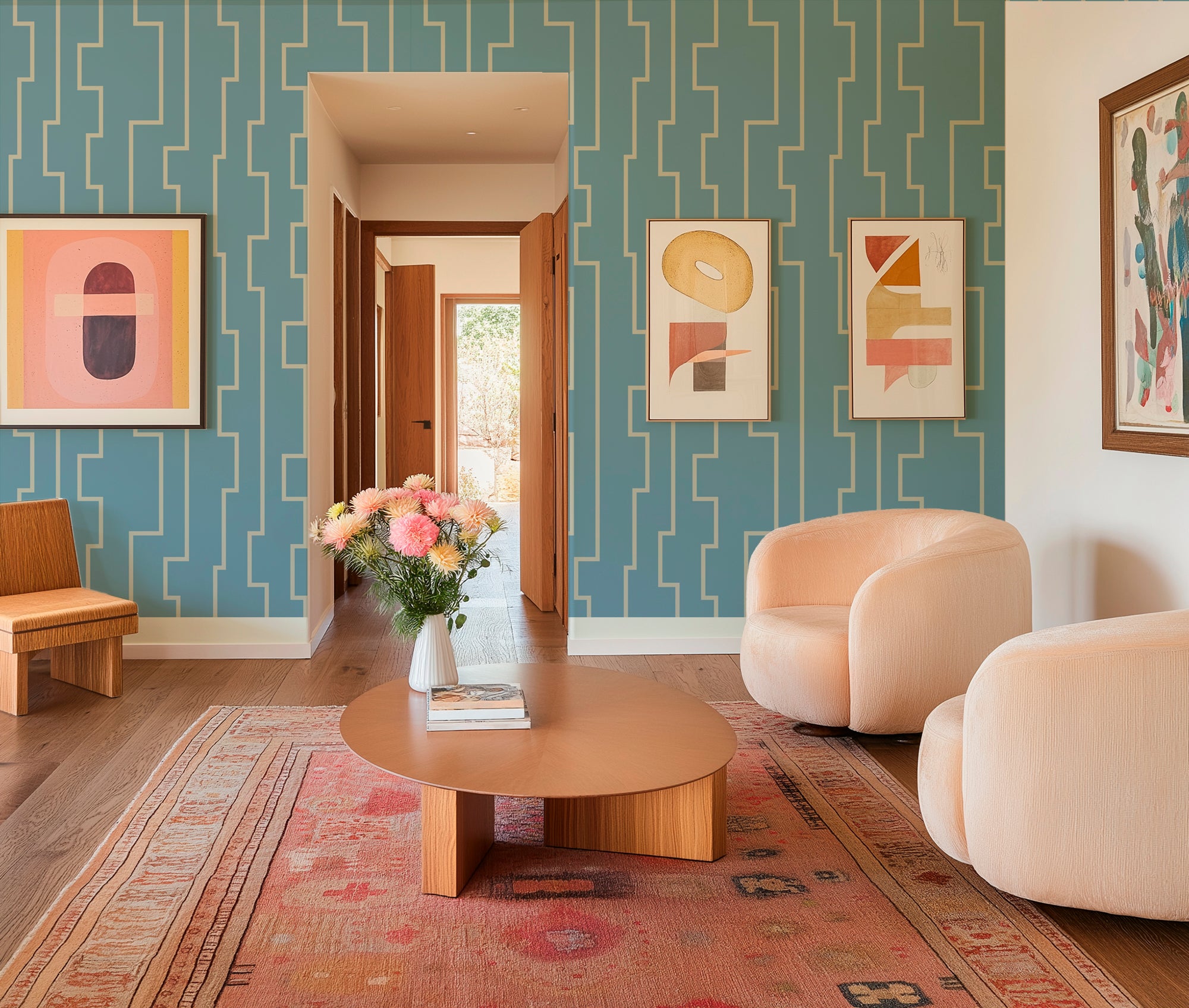 Farmhouse Modern Abstract Stripe Wallpaper in Fresh Colors - Wallpaper | Victoria Bright Home - Colorful Modern Wallpaper For Your Home - - abstract,bedroom,blue,dining,Gray,green,living,modern,office,stripes,turquoise