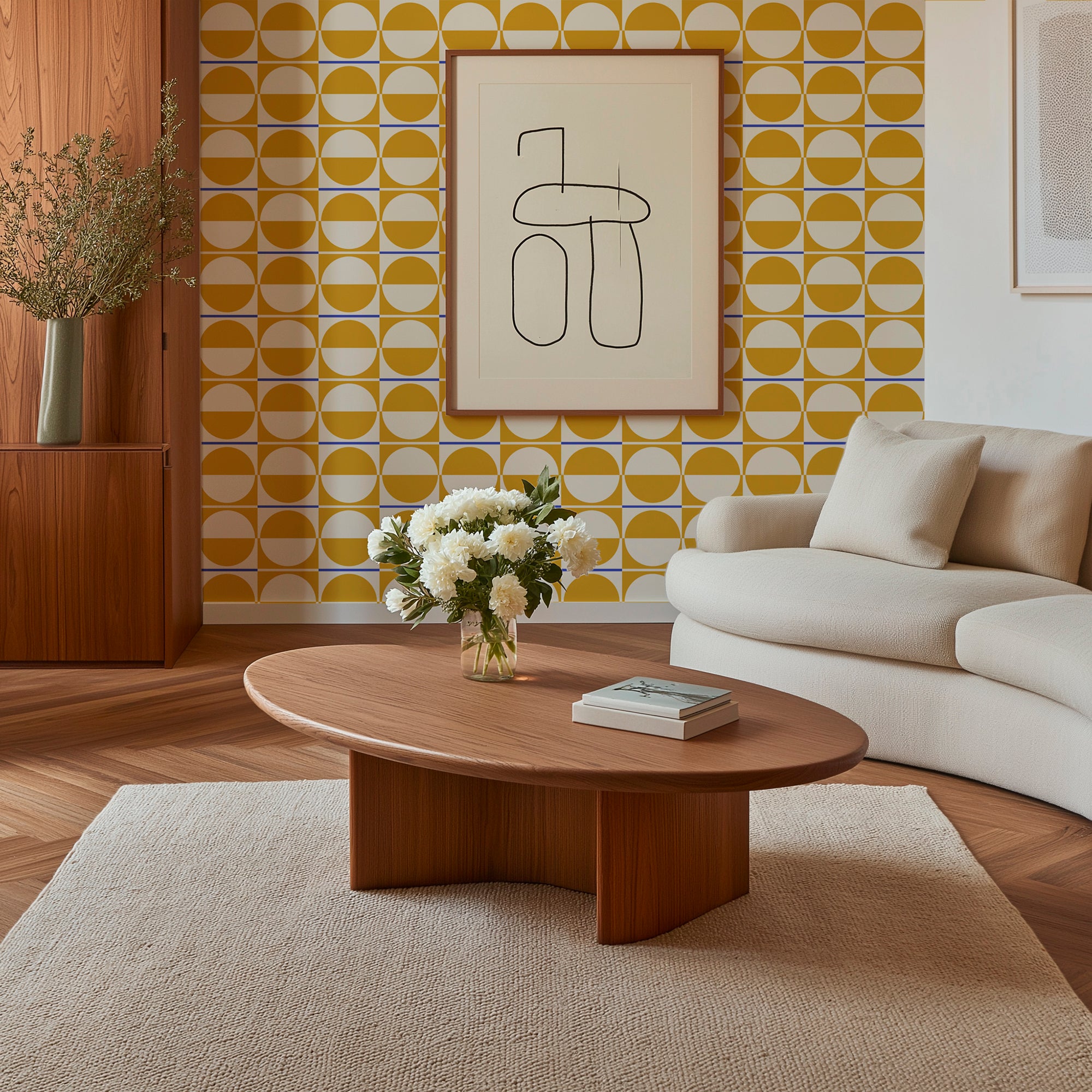 Mid Century Modern Gold Wallpaper in a Bauhuas Style - Wallpaper | Victoria Bright Home - Colorful Modern Wallpaper For Your Home - - bauhaus,bedroom,blue,dots,gold,living,mid century,modern,yellow