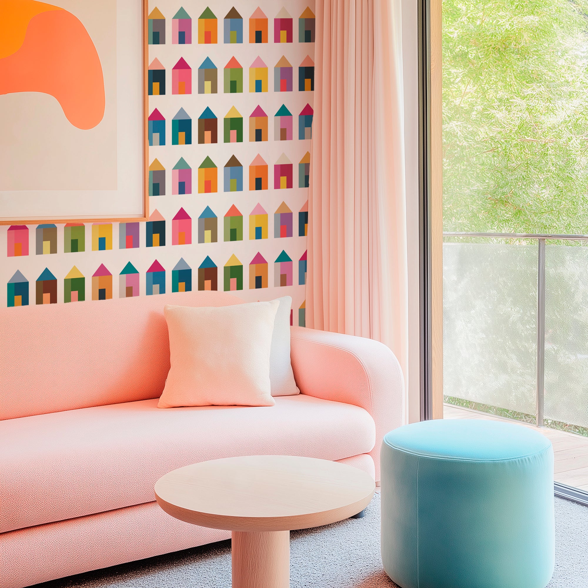 Living Tiny Miniature House Modern Wallpaper - Wallpaper | Victoria Bright Home - Colorful Modern Wallpaper For Your Home - - blue,brown,Gray,green,kitchen,living,modern,multicolor,nursery,office,orange,pink,yellow