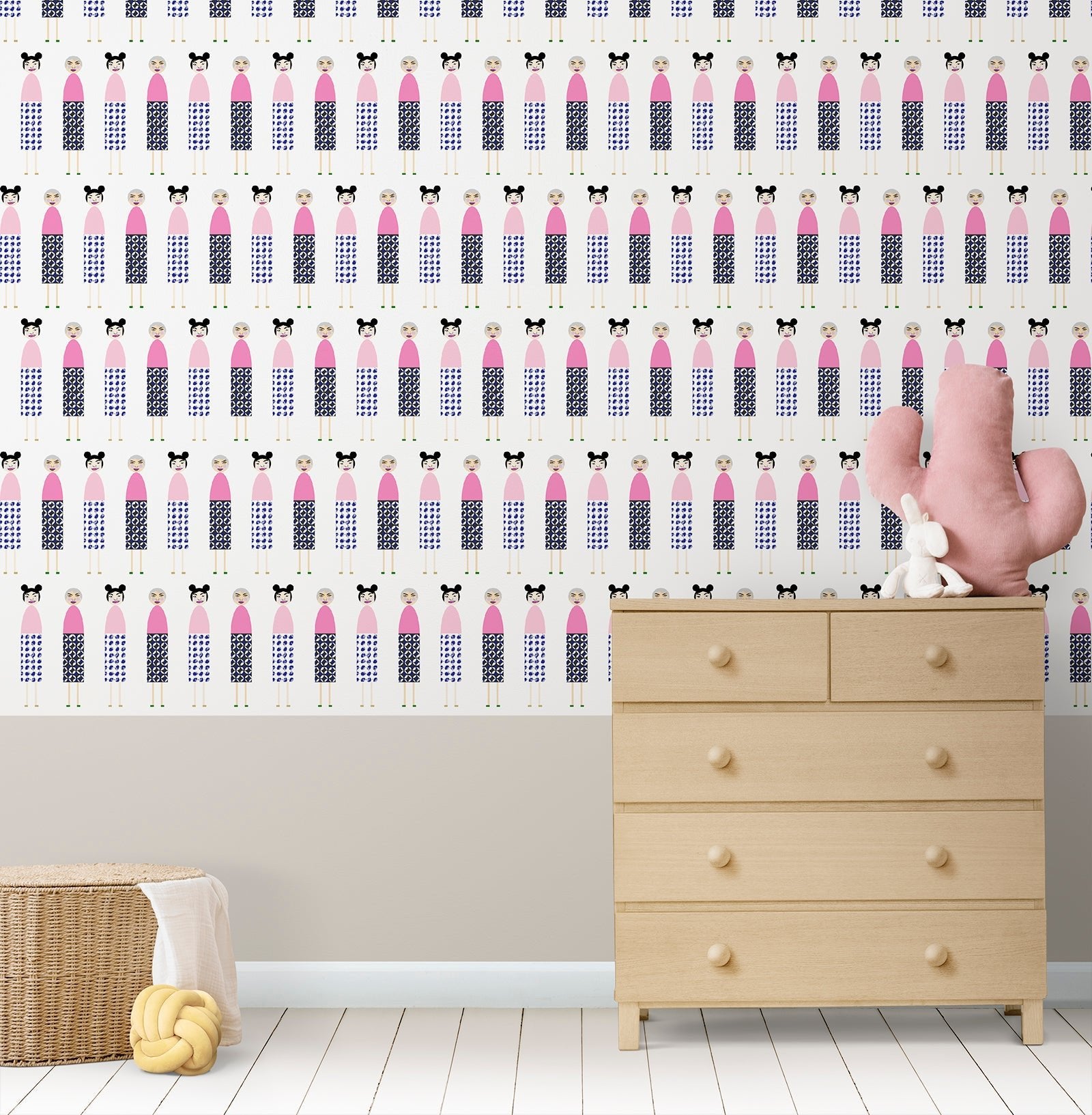 Mahjong Ladies Figurative Modern Wallpaper for a Feminine Space - Wallpaper | Victoria Bright Home - Colorful Modern Wallpaper For Your Home - - asian-inspired,bedroom,blue,feminine,figurative,japanese,kids,modern,nursery,office,pink