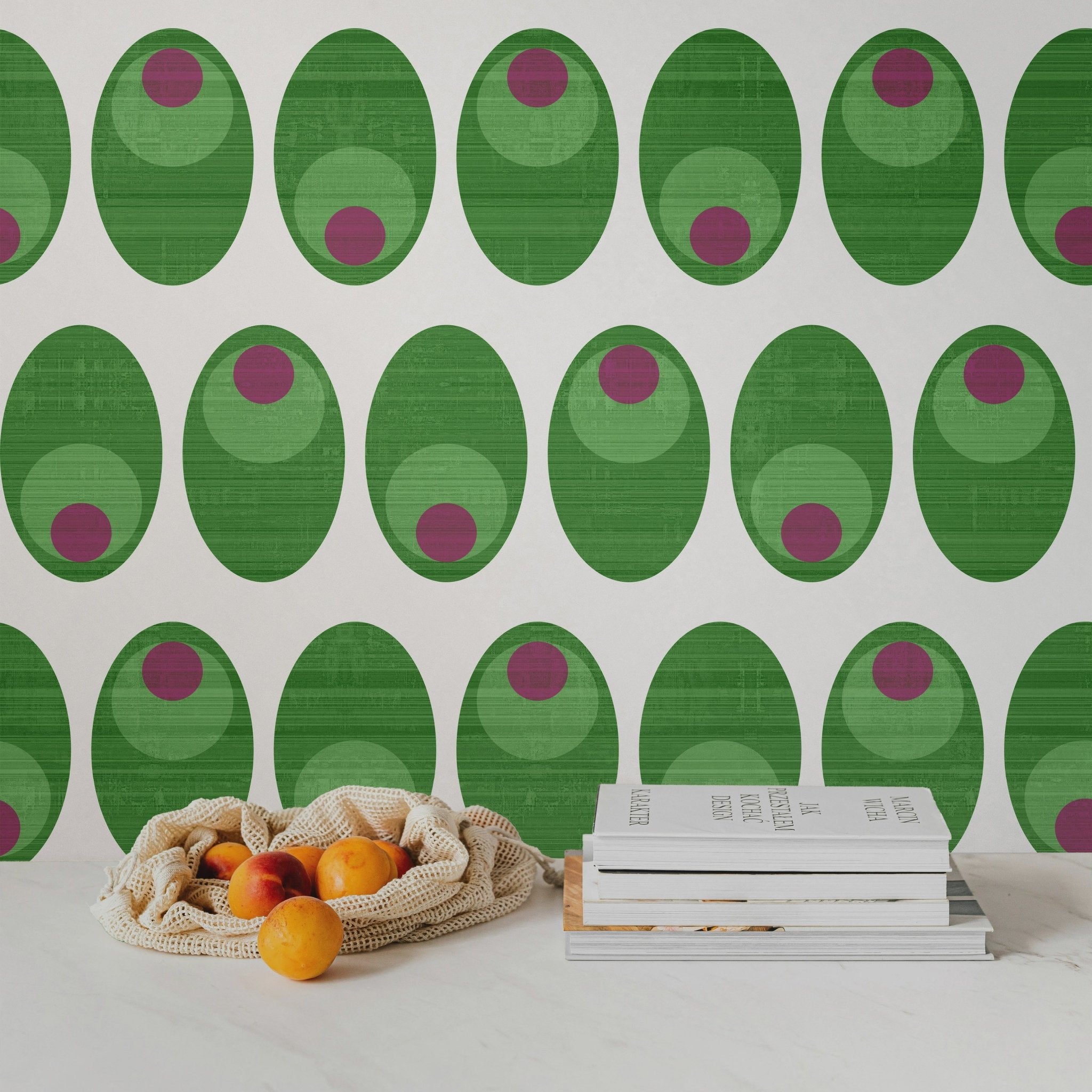 Olive You Cheeky Cocktail Wallpaper for Mid Century Modern Kitsch - Wallpaper | Victoria Bright Home - Colorful Modern Wallpaper For Your Home - - dining,green,kitchen,mid century,modern,pink,texture
