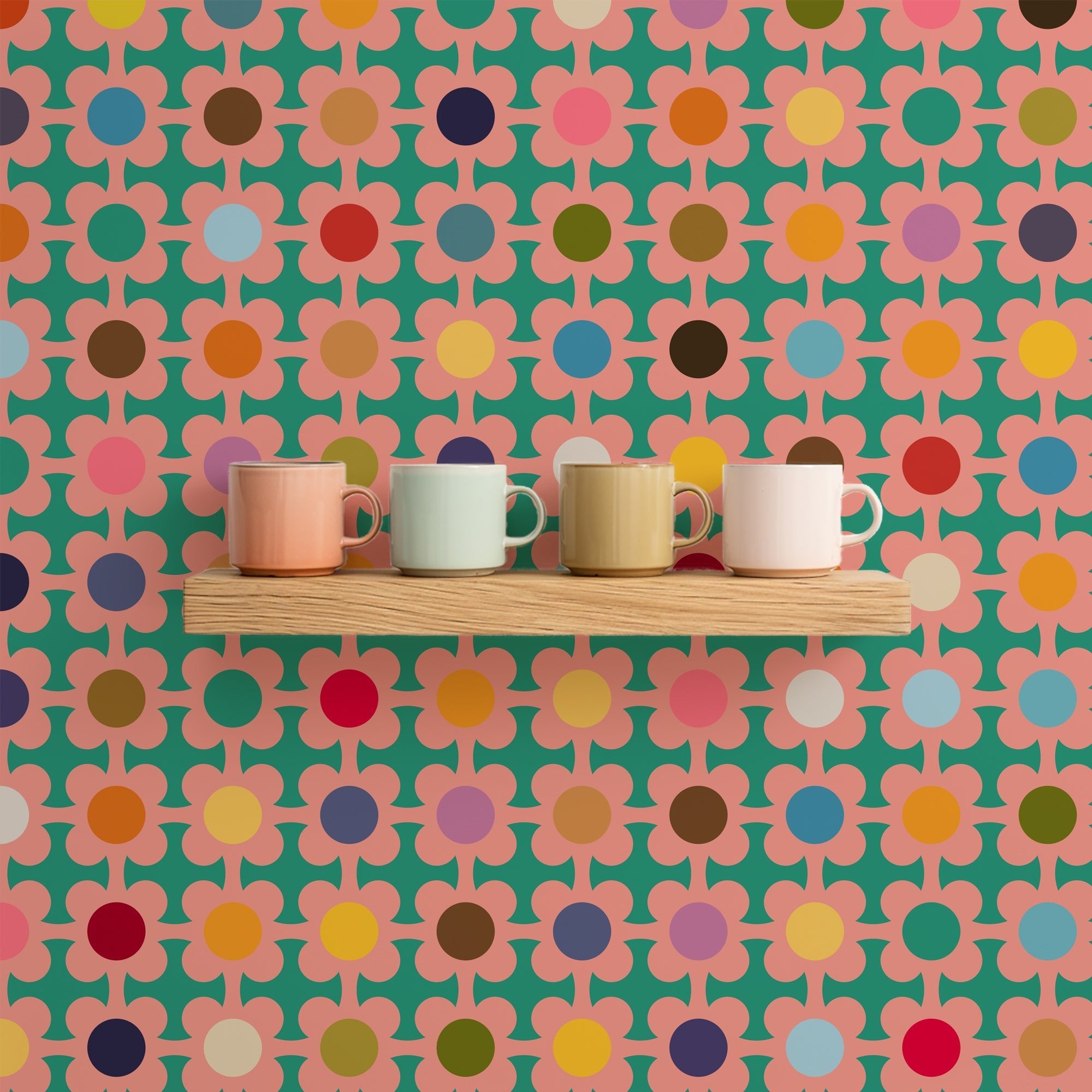 Floral Picking Daisies Sixties Kitsch Wallpaper - Wallpaper | Victoria Bright Home - Colorful Modern Wallpaper For Your Home - - bedroom,dots,feminine,floral,green,kids,kitchen,mid century,multicolor,nursery,office,pink,retro,sixties,vintage