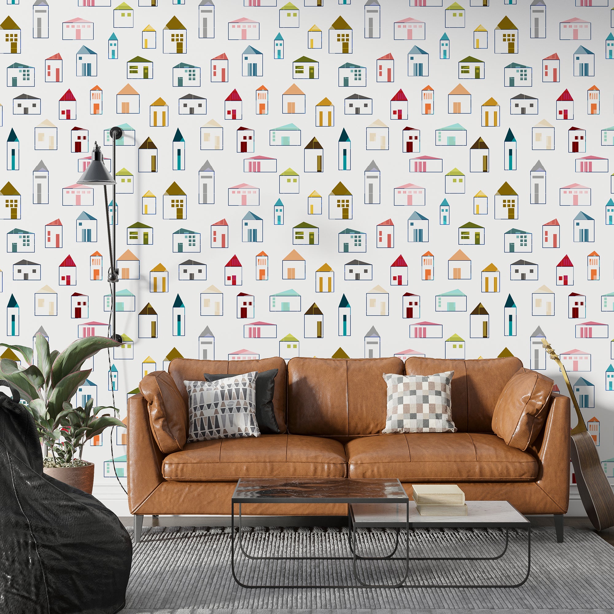 Neighborly Abstract Miniature Houses Modern Wallpaper for a Cool Kitchen Space - Wallpaper | Victoria Bright Home - Colorful Modern Wallpaper For Your Home - - abstract,dining,kids,kitchen,modern,multicolor,office,scandinavian