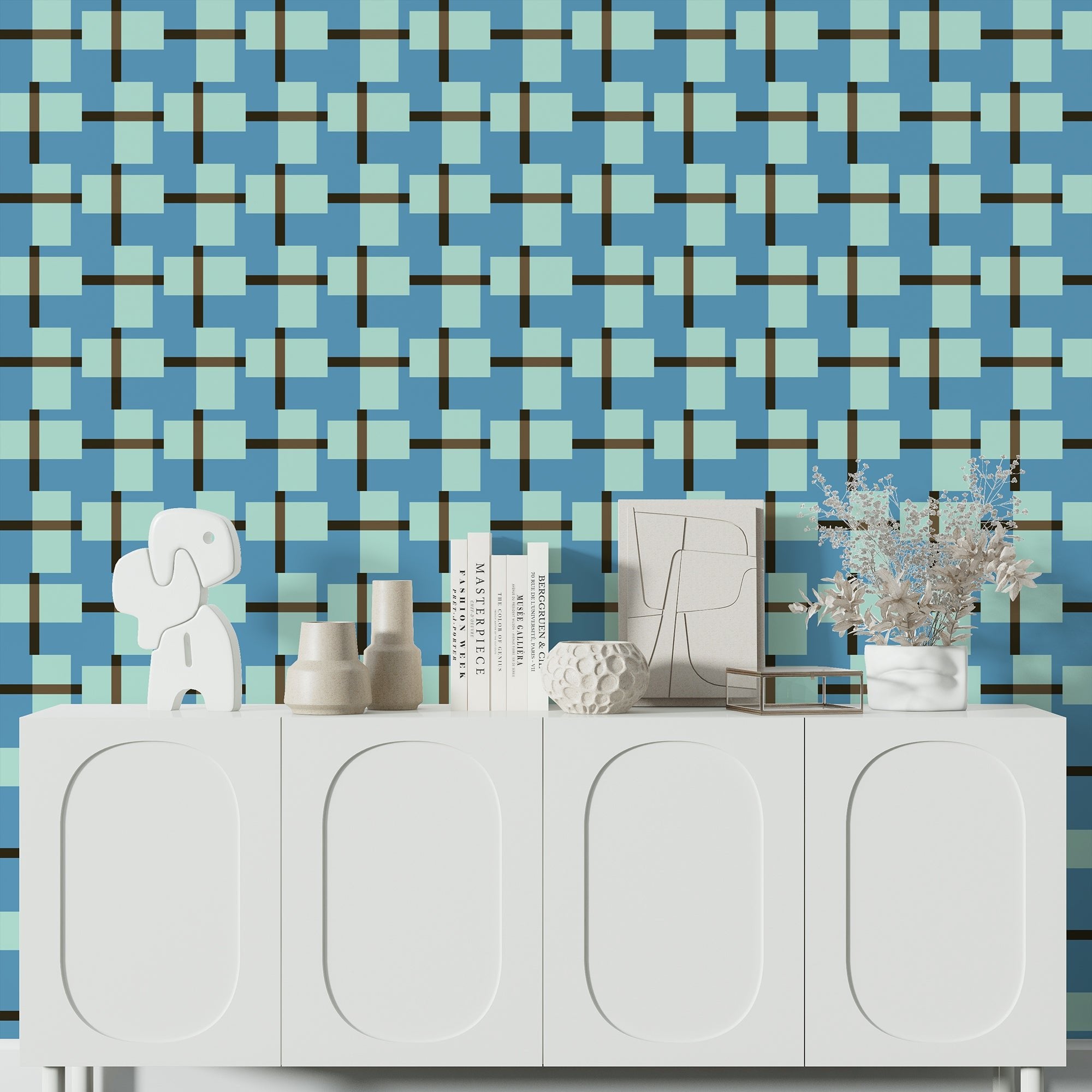 Non Trad Rad Retro Plaid Modern Wallpaper in Blue and Mint Green - Wallpaper | Victoria Bright Home - Colorful Modern Wallpaper For Your Home - - bedroom,blue,brown,kids,kitchen,living,modern,office,plaid,retro,turquoise