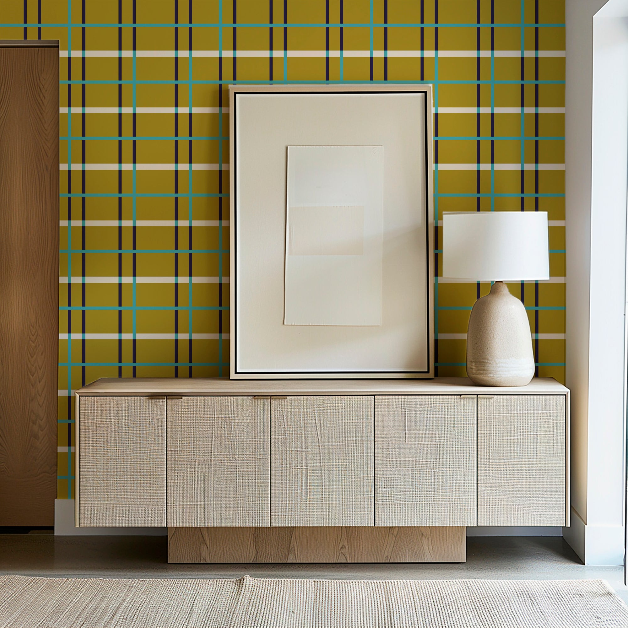 Nordic Plaid Modern Wallpaper for Scandinavian Style - Wallpaper | Victoria Bright Home - Colorful Modern Wallpaper For Your Home - - bedroom,blue,dining,gold,green,kids,living,modern,office,pink,plaid,scandi,scandinavian,yellow