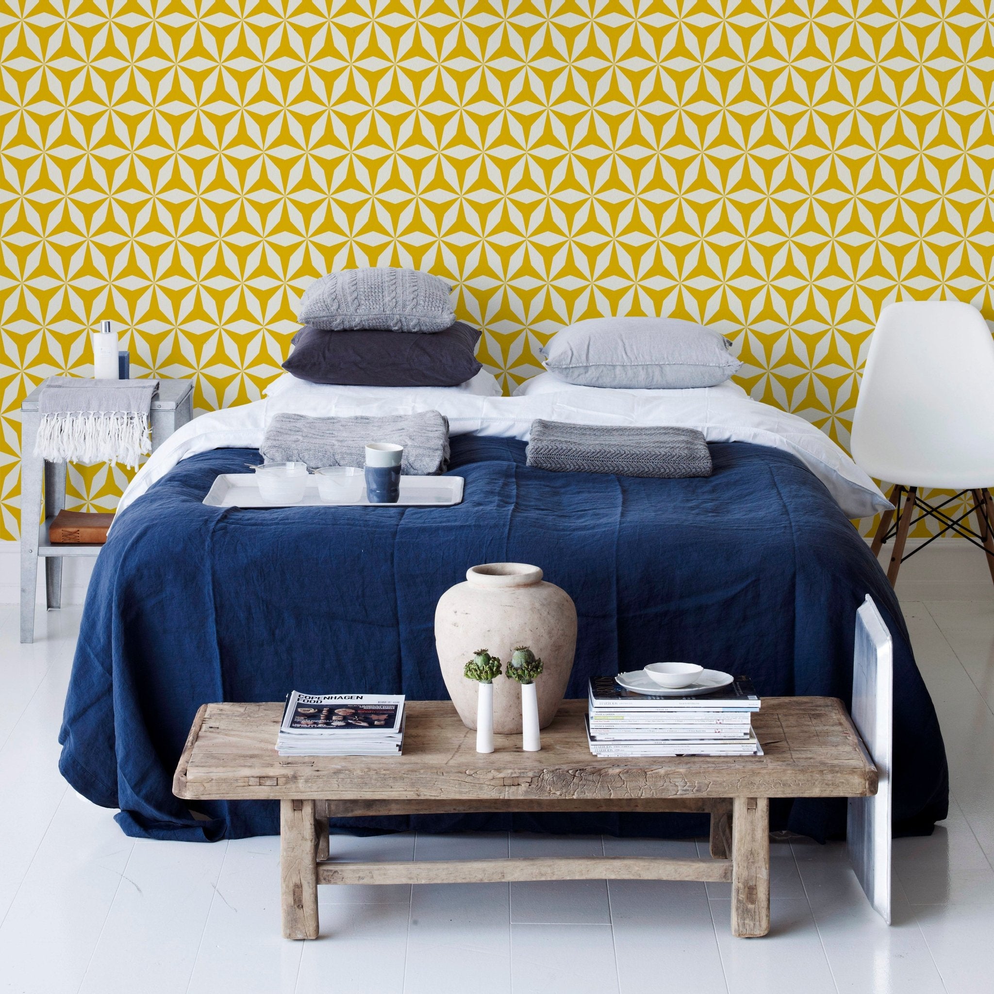 Moroccan Tile Modern Origami Wallpaper Peel and Stick Removeable or Non Pasted - Wallpaper | Victoria Bright Home - Colorful Modern Wallpaper For Your Home - - black,black and white,blue,dining,green,kitchen,living,modern,office,orange,traditional,yellow