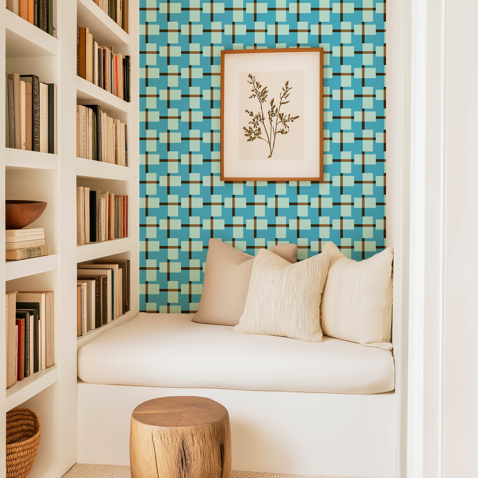 Non Trad Rad Retro Plaid Modern Wallpaper in Blue and Mint Green - Wallpaper | Victoria Bright Home - Colorful Modern Wallpaper For Your Home - - bedroom,blue,brown,kids,kitchen,living,modern,office,plaid,retro,turquoise