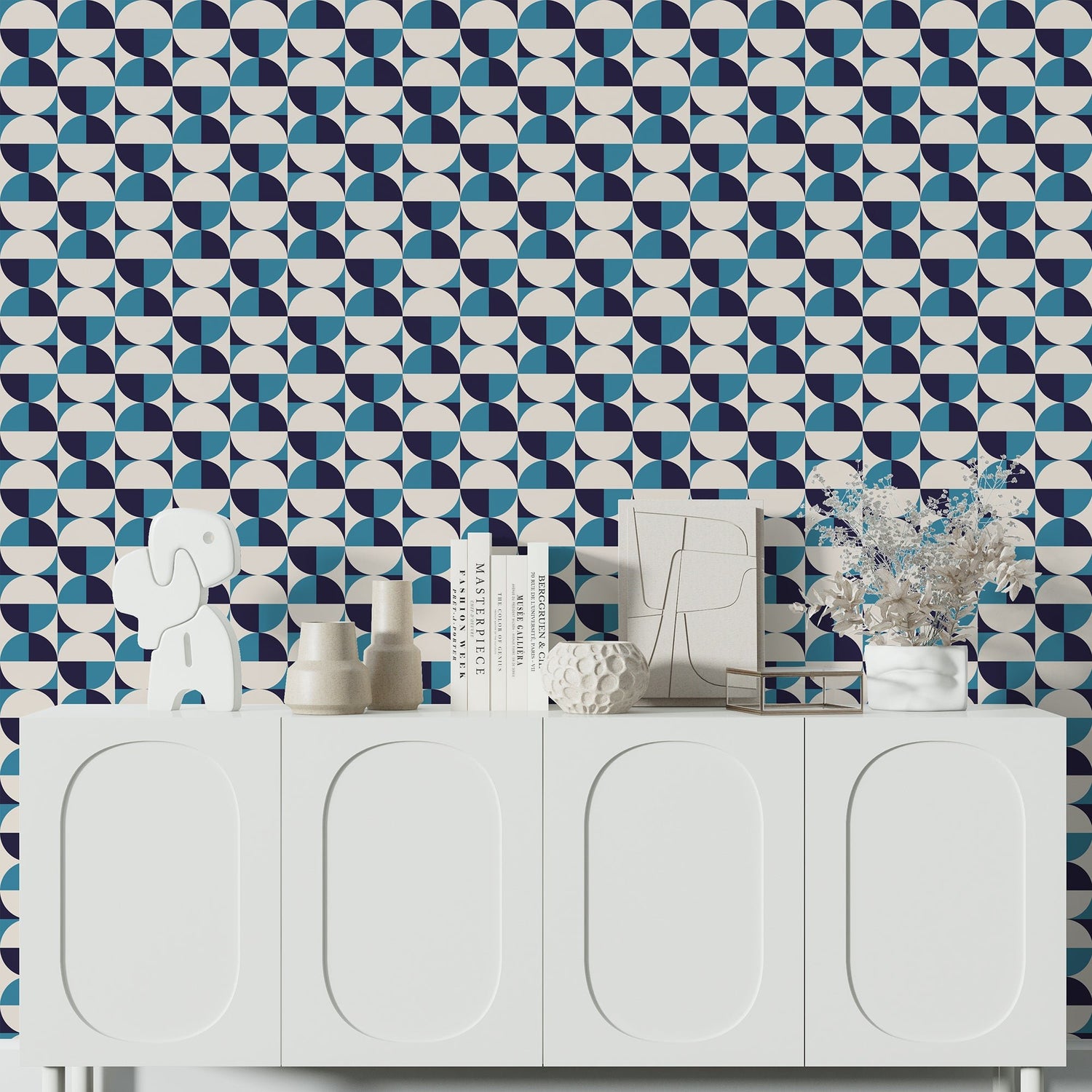 Shady in Blue Bauhaus Modern Wallpaper - Wallpaper | Victoria Bright Home - Colorful Modern Wallpaper For Your Home - - bauhaus,bedroom,blue,dots,living,mid century,modern,turquoise