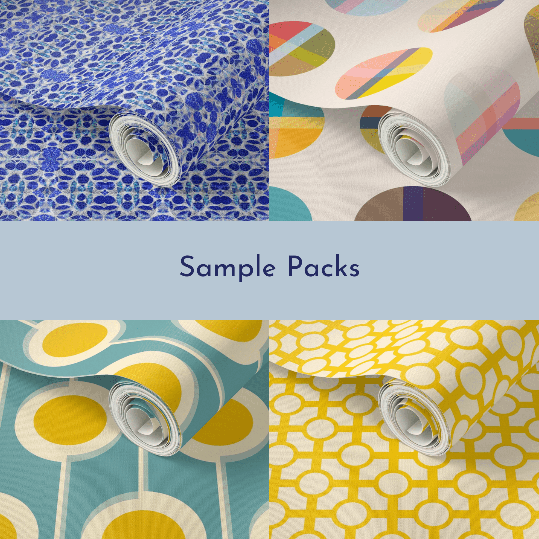 Four sample rolls of bright modern wallpaper