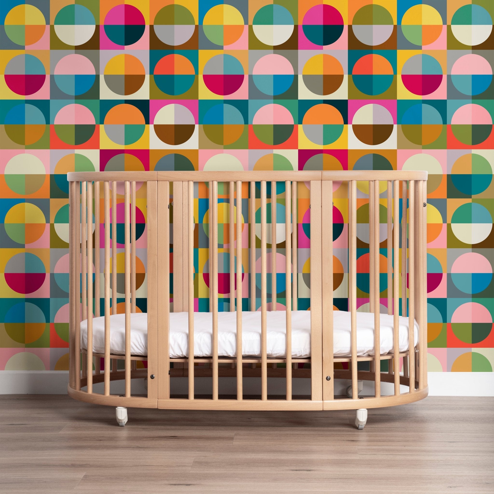 Vibrant Mid Century Modern Split Circles Wallpaper for a Maximalist Aesthetic - Wallpaper | Victoria Bright Home - Colorful Modern Wallpaper For Your Home - - bedroom,dots,kids,living,mid century,modern,multicolor,nursery,office,retro,sixties