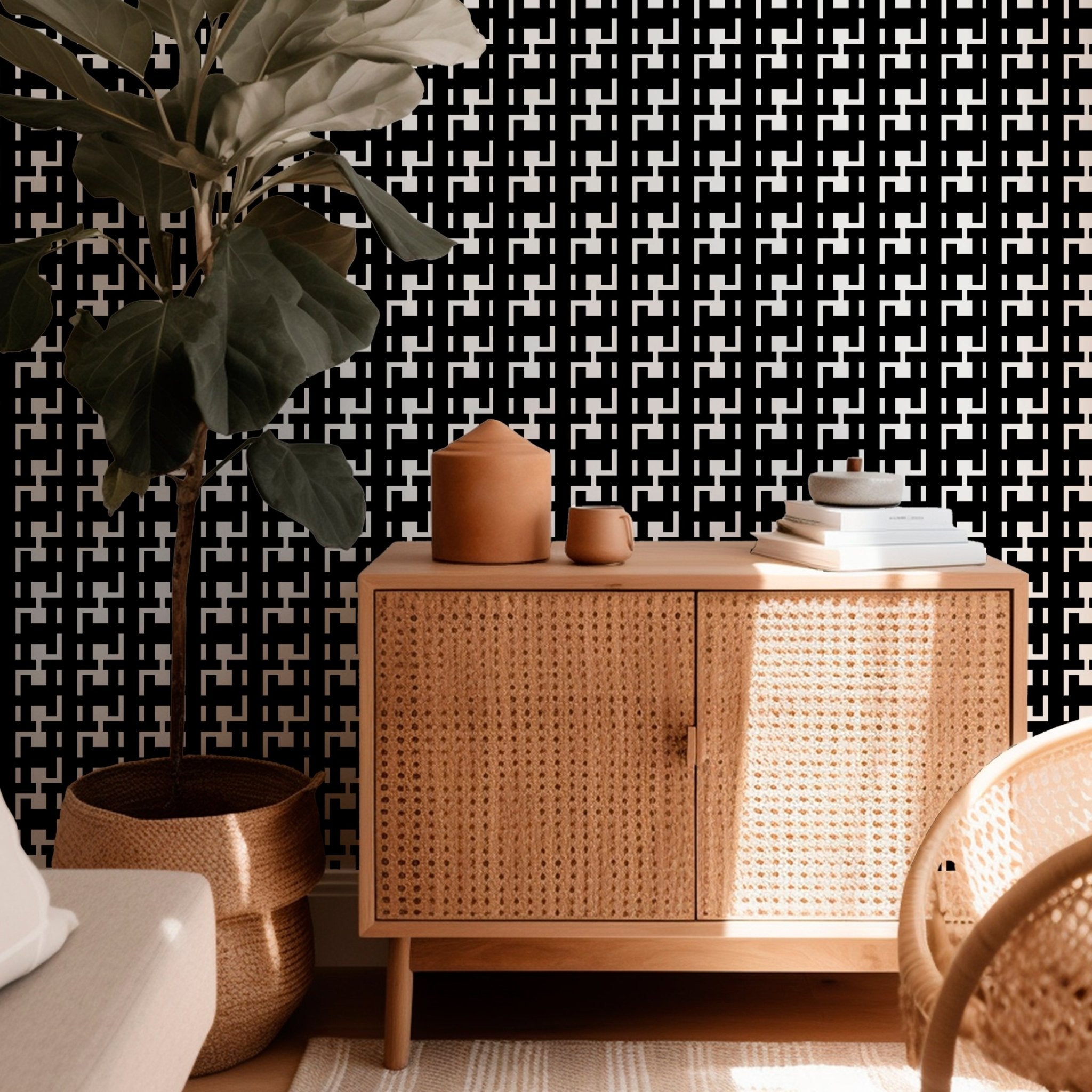 Modern Large Scale Houndstooth Wallpaper for a Mid Century Look - Wallpaper | Victoria Bright Home - Colorful Modern Wallpaper For Your Home - - bedroom,black,black and white,blue,brown,dining,green,houndstooth,kids,kitchen,modern,nursery,office,orange,pink,red,retro,sixties
