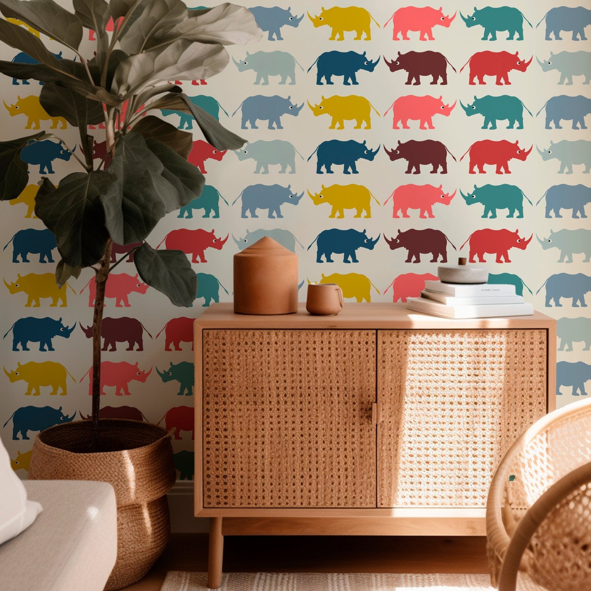 Retro Modern Rhino Safari Wallpaper Save the Rhinos - Wallpaper | Victoria Bright Home - Colorful Modern Wallpaper For Your Home - - animal,bedroom,kids,modern,multicolor,nursery,retro