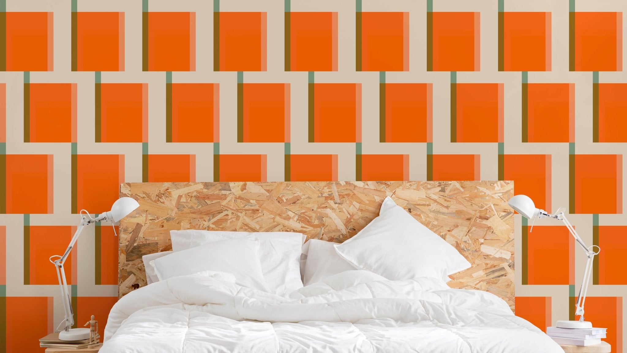 Elliot Mid Century Modern Orange Wallpaper with a Sixties Aesthetic - Wallpaper | Victoria Bright Home - Colorful Modern Wallpaper For Your Home - - brown,checkered,cream,living,mid century,modern,office,orange,retro,seventies,sixties,turquoise