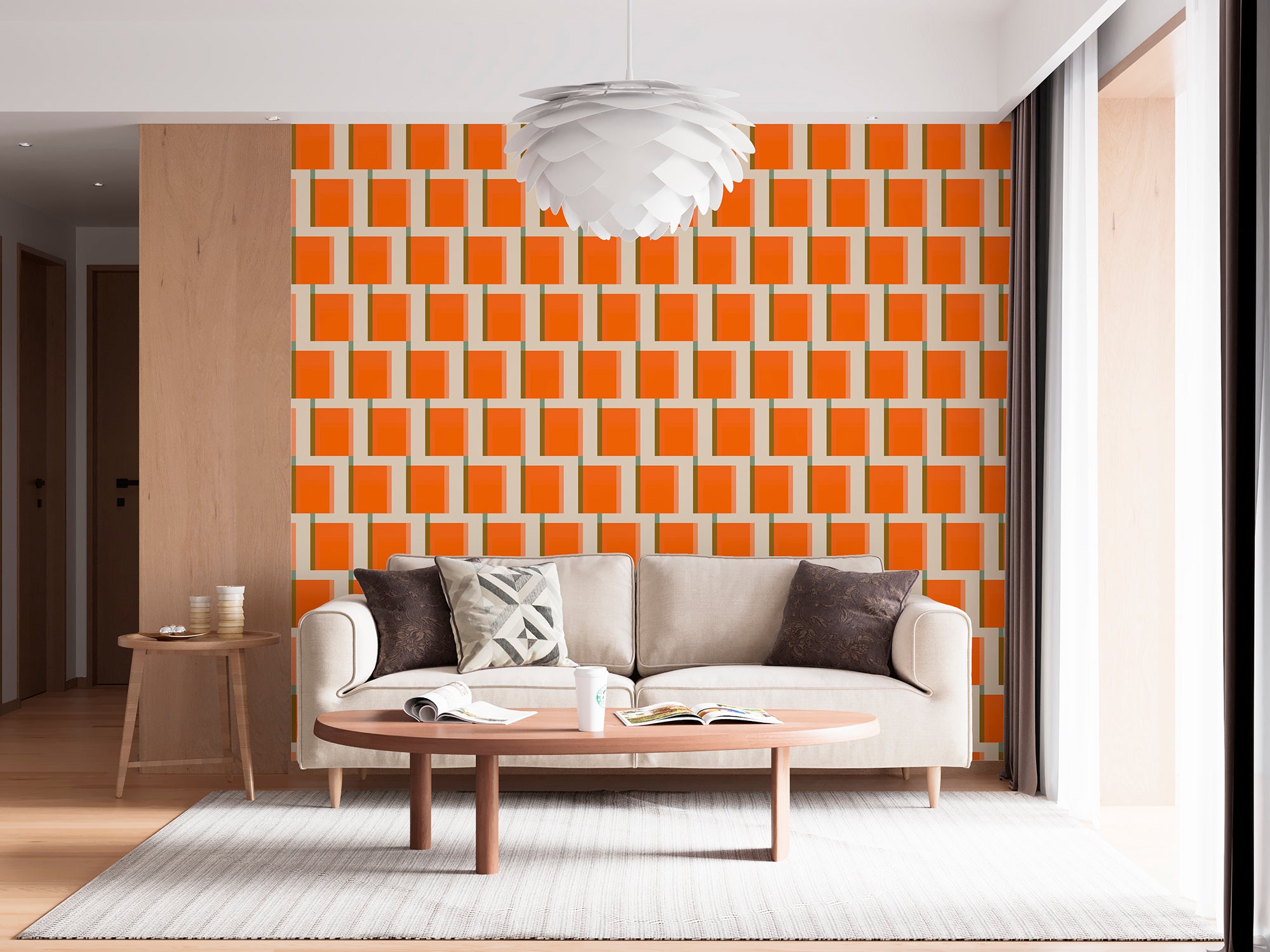 Elliot Mid Century Modern Orange Wallpaper with a Sixties Aesthetic - Wallpaper | Victoria Bright Home - Colorful Modern Wallpaper For Your Home - - brown,checkered,cream,living,mid century,modern,office,orange,retro,seventies,sixties,turquoise