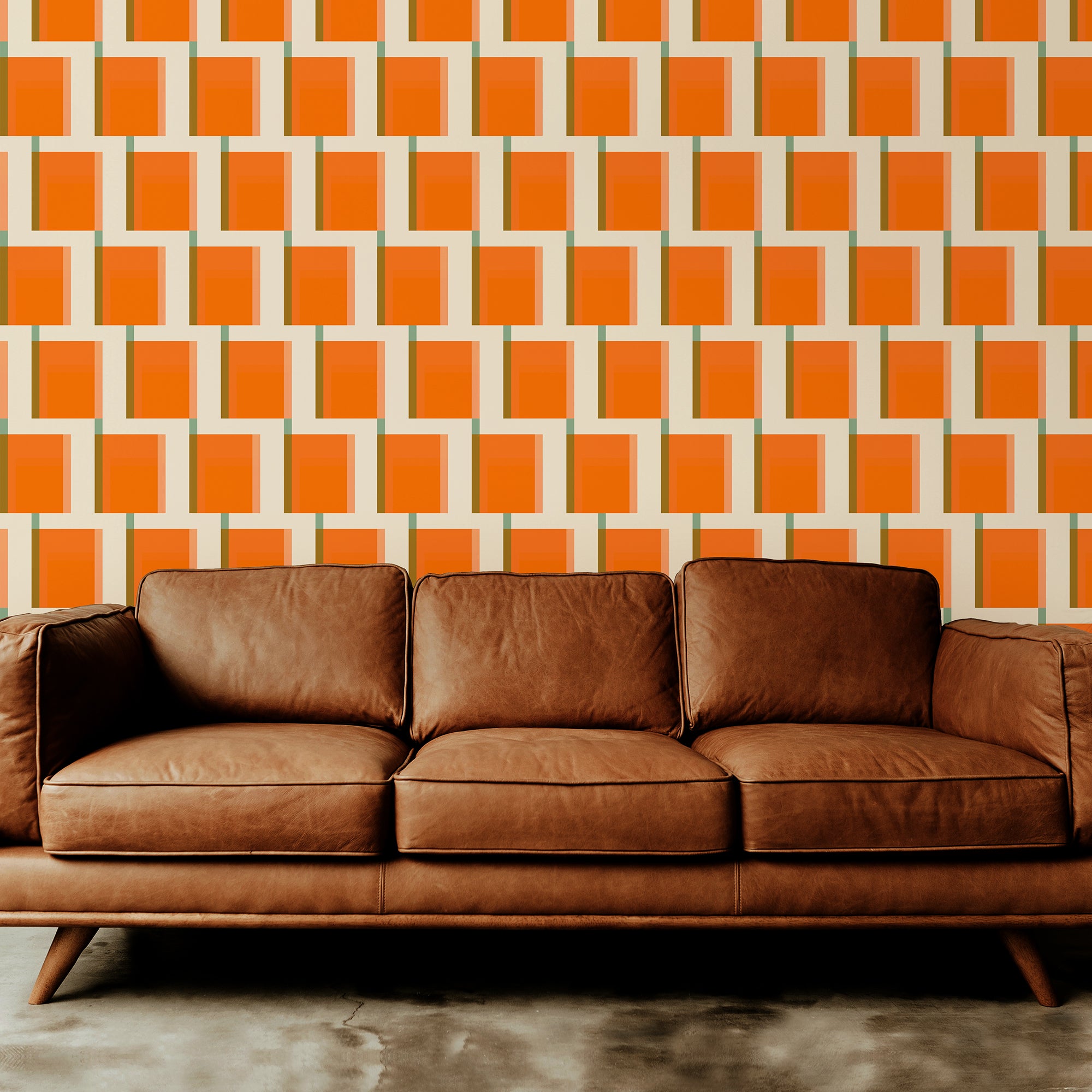 Elliot Mid Century Modern Orange Wallpaper with a Sixties Aesthetic - Wallpaper | Victoria Bright Home - Colorful Modern Wallpaper For Your Home - - brown,checkered,cream,living,mid century,modern,office,orange,retro,seventies,sixties,turquoise