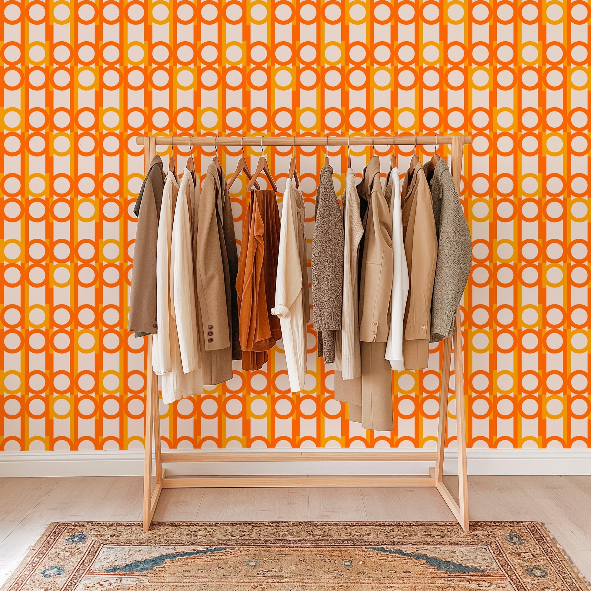 Peas and Cues Mid Century Modern Orange Wallpaper Ultra Mod Vibe - Wallpaper | Victoria Bright Home - Colorful Modern Wallpaper For Your Home - - abstract,bedroom,dining,kitchen,living,mid century,modern,orange,retro,sixties,typography