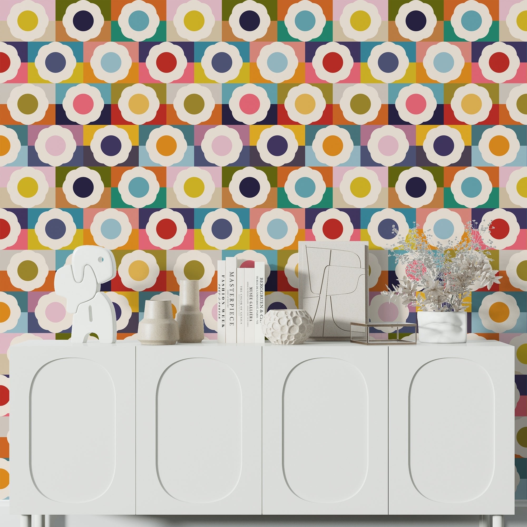 Flower Power Retro Sixties Colorful Modern Wallpaper - Wallpaper | Victoria Bright Home - Colorful Modern Wallpaper For Your Home - - bedroom,feminine,floral,kids,mid century,modern,multicolor,nursery,office,retro,seventies,sixties
