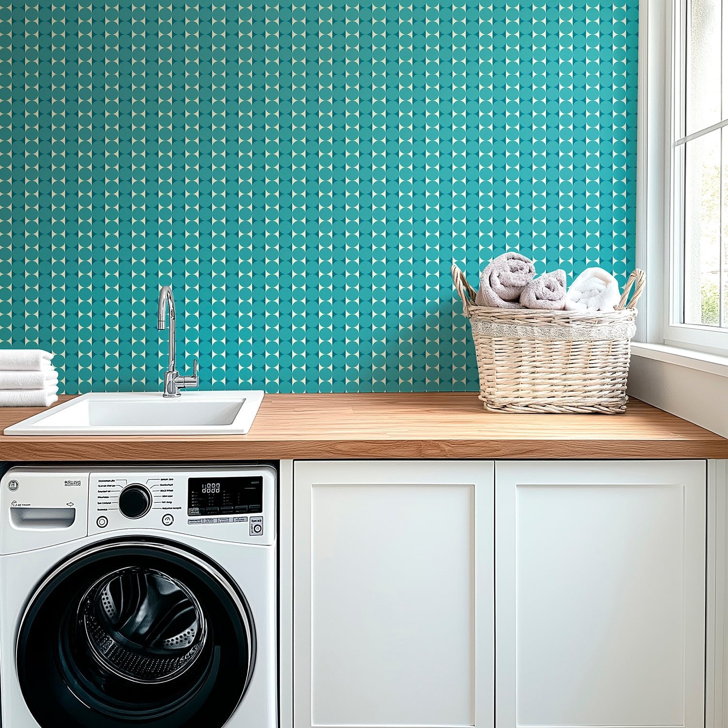 Abacus Retro Striped Dot Wallpaper in Ten Nostalgic Colors - Wallpaper | Victoria Bright Home - Colorful Modern Wallpaper For Your Home - - bedroom,blue,dining,dots,green,kids,kitchen,living,mid century,modern,nursery,office,orange,pink,purple,red,retro,stripes,turquoise,yellow