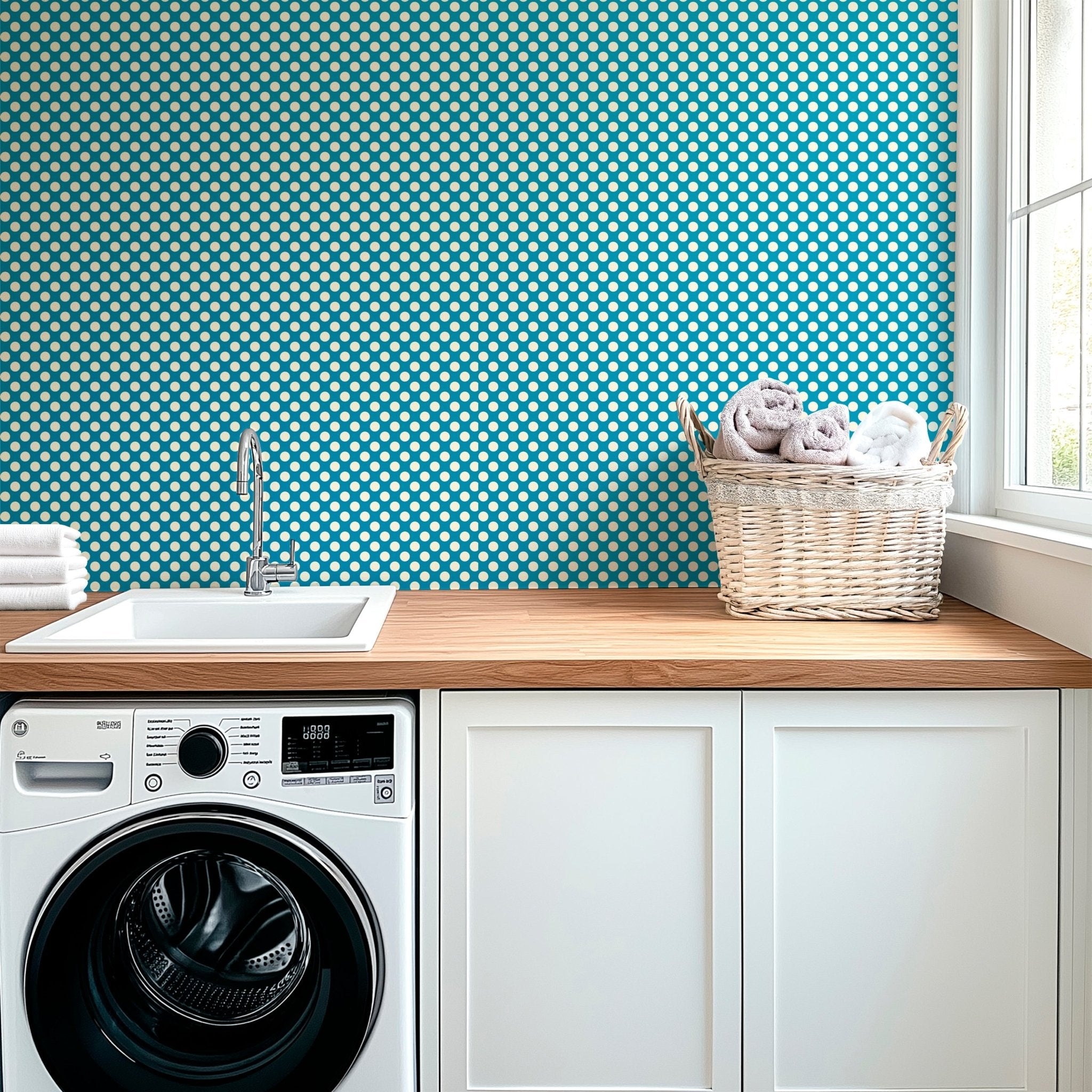 Modernist Mini Dot Wallpaper in Nostalgic Colors for Mid Century Modern Decor - Wallpaper | Victoria Bright Home - Colorful Modern Wallpaper For Your Home - - bedroom,blue,dining,dots,feminine,green,kids,kitchen,mid century,modern,nursery,office,red,retro,sixties,yellow