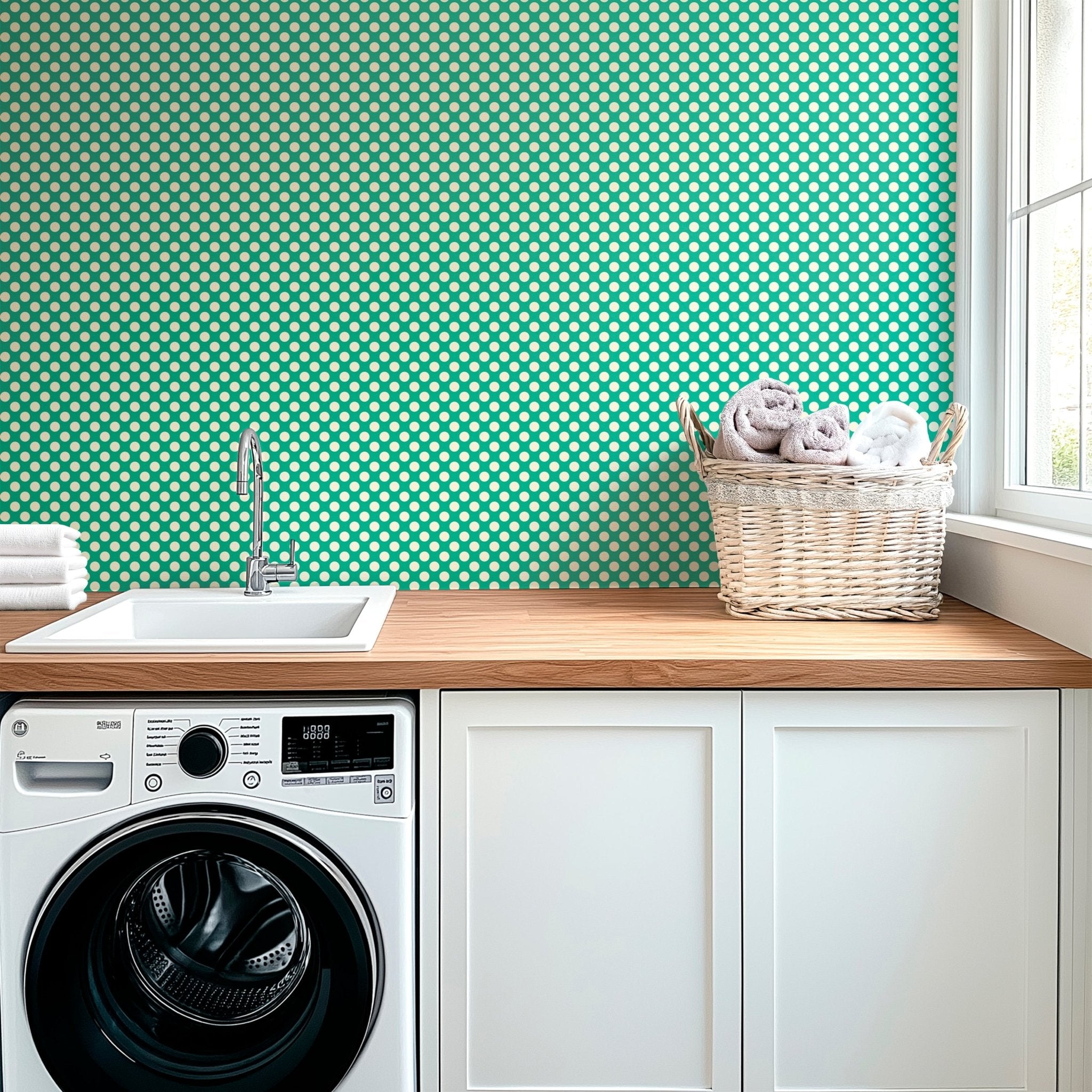 Modernist Mini Dot Wallpaper in Nostalgic Colors for Mid Century Modern Decor - Wallpaper | Victoria Bright Home - Colorful Modern Wallpaper For Your Home - - bedroom,blue,dining,dots,feminine,green,kids,kitchen,mid century,modern,nursery,office,red,retro,sixties,yellow