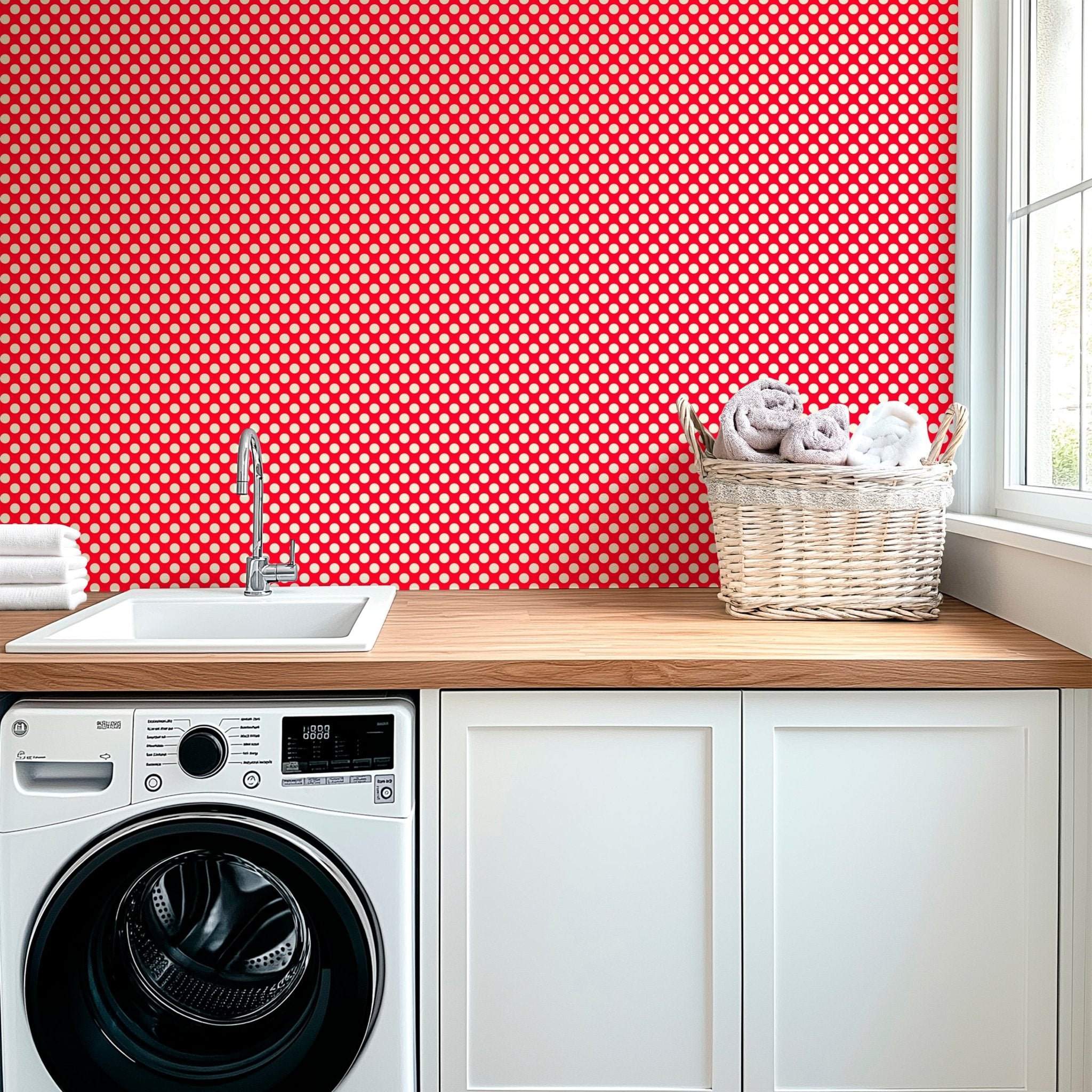 Modernist Mini Dot Wallpaper in Nostalgic Colors for Mid Century Modern Decor - Wallpaper | Victoria Bright Home - Colorful Modern Wallpaper For Your Home - - bedroom,blue,dining,dots,feminine,green,kids,kitchen,mid century,modern,nursery,office,red,retro,sixties,yellow