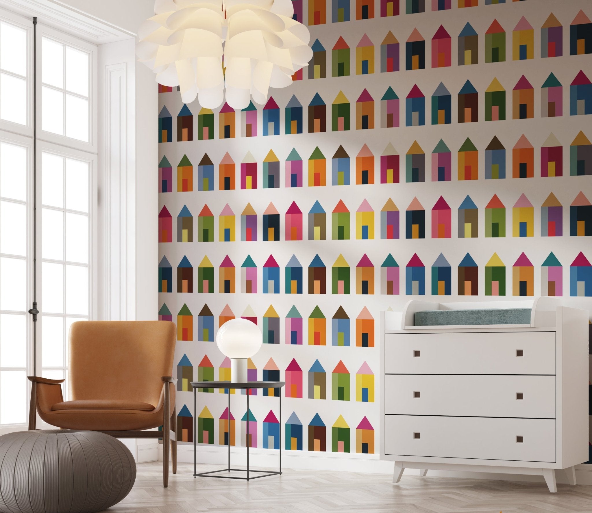 Living Tiny Miniature House Modern Wallpaper - Wallpaper | Victoria Bright Home - Colorful Modern Wallpaper For Your Home - - blue,brown,Gray,green,kitchen,living,modern,multicolor,nursery,office,orange,pink,yellow