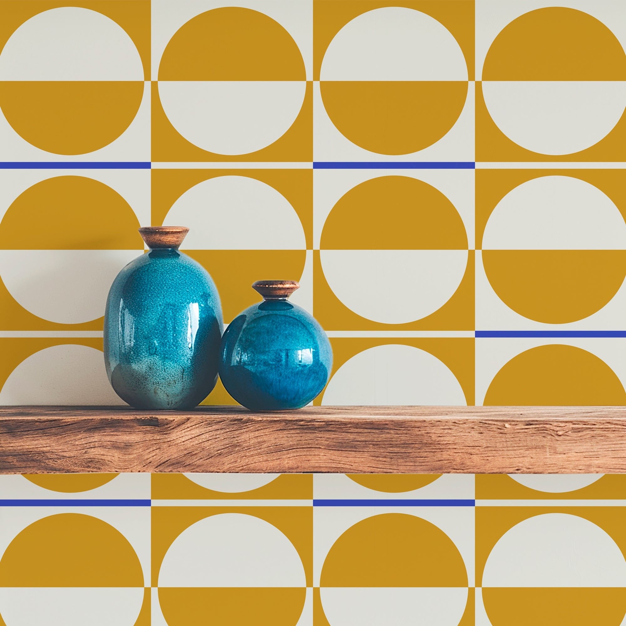 Mid Century Modern Gold Wallpaper in a Bauhuas Style - Wallpaper | Victoria Bright Home - Colorful Modern Wallpaper For Your Home - - bauhaus,bedroom,blue,dots,gold,living,mid century,modern,yellow
