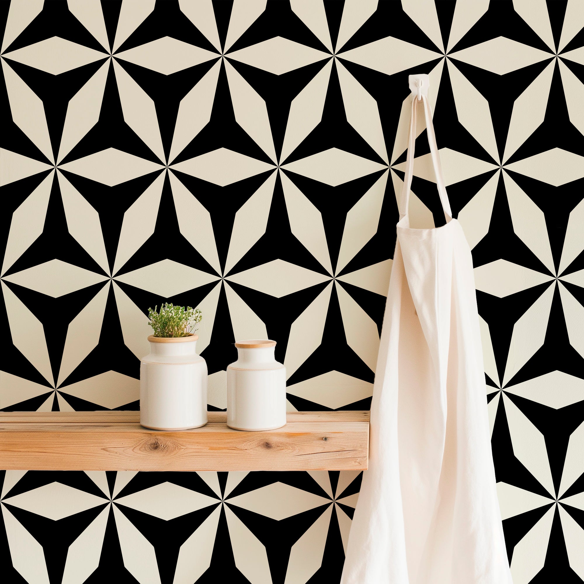 Moroccan Tile Modern Origami Wallpaper Peel and Stick Removeable or Non Pasted - Wallpaper | Victoria Bright Home - Colorful Modern Wallpaper For Your Home - - black,black and white,blue,dining,green,kitchen,living,modern,office,orange,traditional,yellow