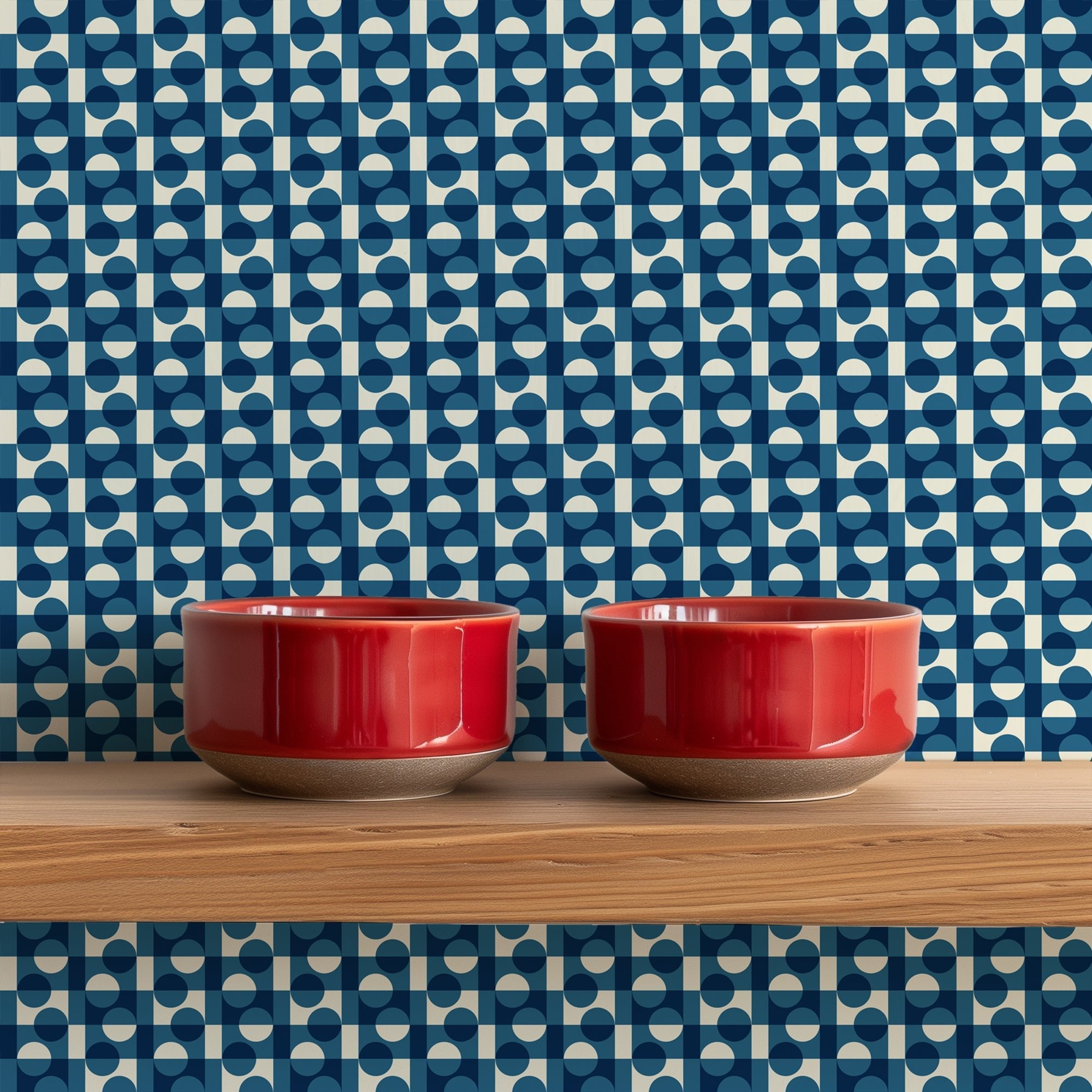 Japanese Aesthetic Tiny Tokyo Blue Wallpaper - Wallpaper | Victoria Bright Home - Colorful Modern Wallpaper For Your Home - - asian-inspired,bedroom,blue,checkered,dots,japandi,japanese,kitchen,modern