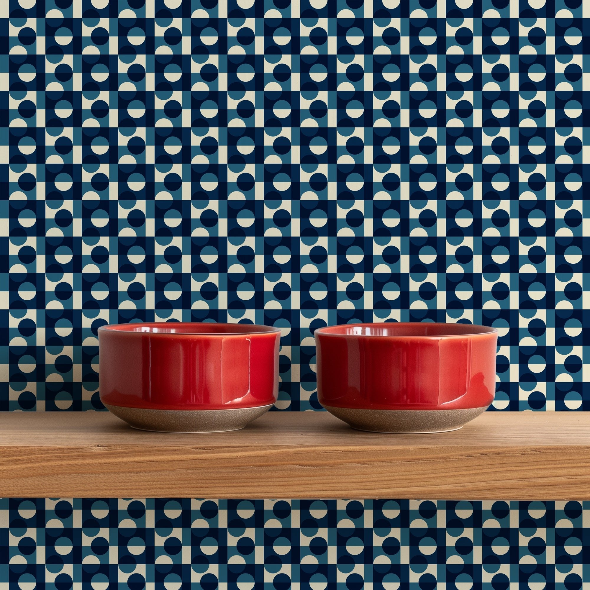 Japanese Aesthetic Tiny Tokyo Blue Wallpaper - Wallpaper | Victoria Bright Home - Colorful Modern Wallpaper For Your Home - - asian-inspired,bedroom,blue,checkered,dots,japandi,japanese,kitchen,modern