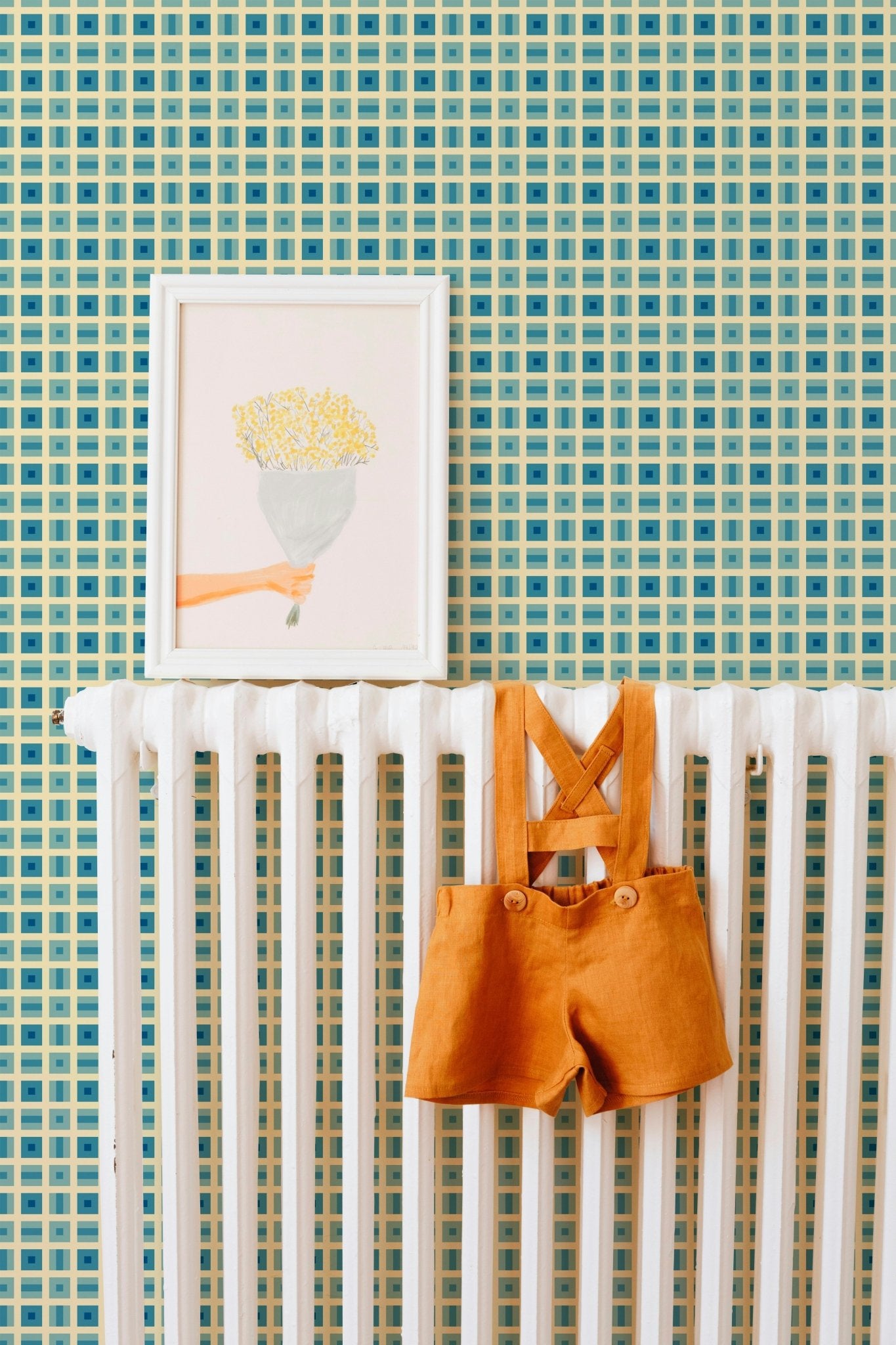 Helms Alee Retro Squares Wallpaper in Six Colors - Wallpaper | Victoria Bright Home - Colorful Modern Wallpaper For Your Home - - bedroom,blue,dining,green,kids,kitchen,modern,nursery,office,orange,pink,retro,sixties,turquoise,yellow