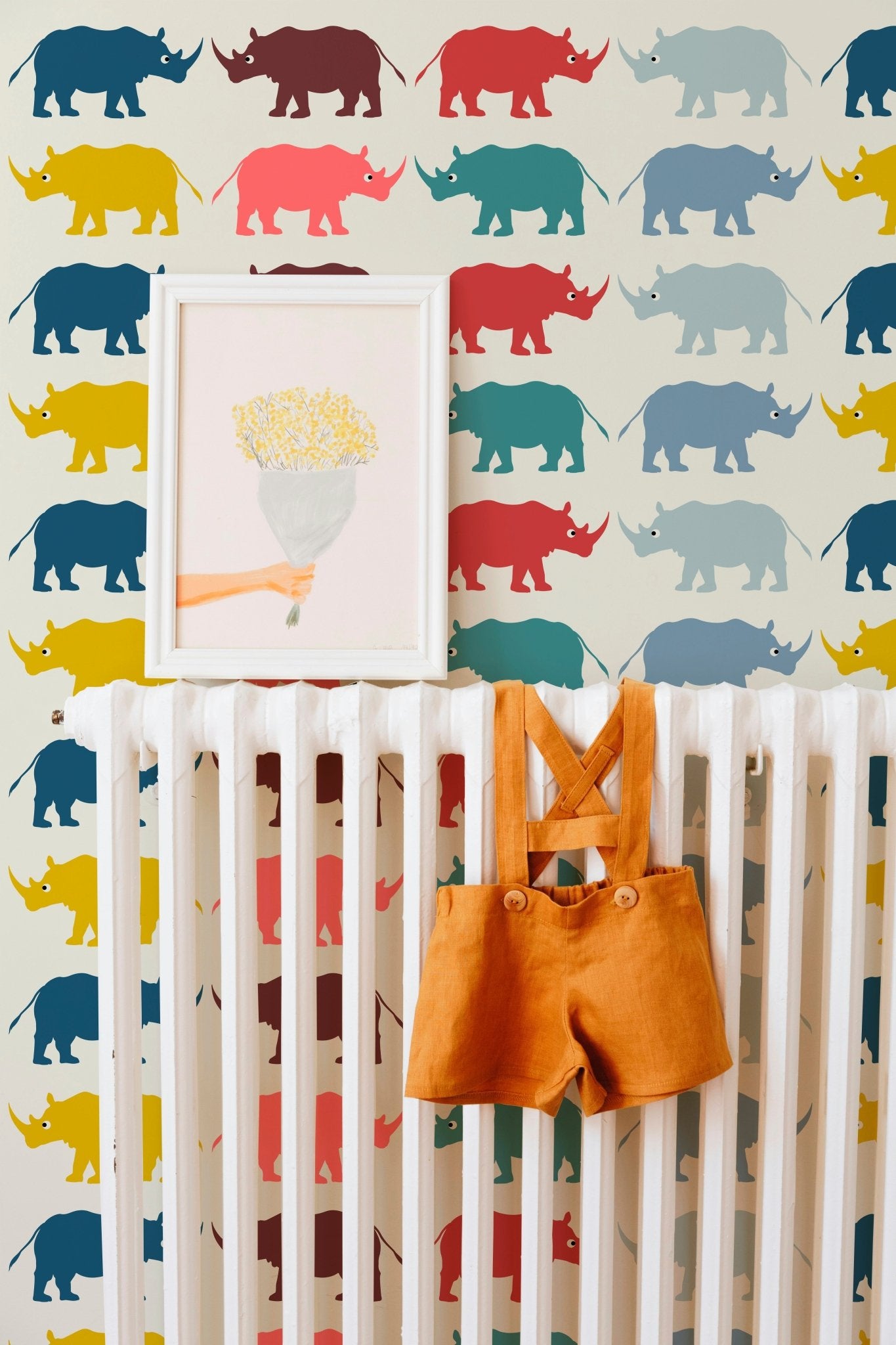 Retro Modern Rhino Safari Wallpaper Save the Rhinos - Wallpaper | Victoria Bright Home - Colorful Modern Wallpaper For Your Home - - animal,bedroom,kids,modern,multicolor,nursery,retro