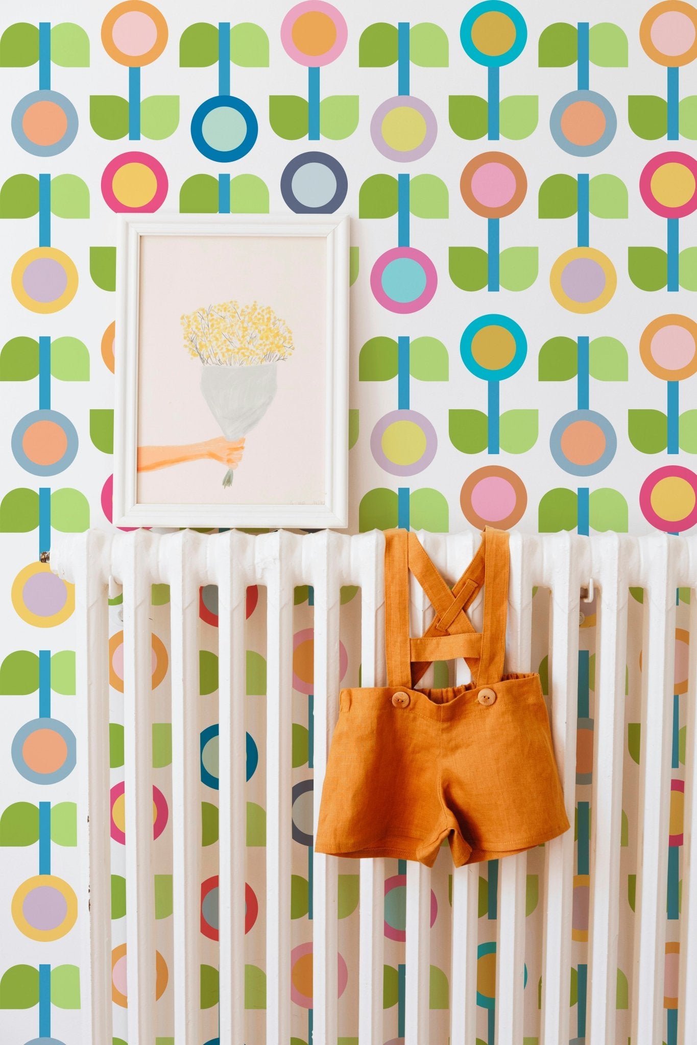 Scandinavian Modern Flower Wallpaper for Kitchens and Children - Wallpaper | Victoria Bright Home - Colorful Modern Wallpaper For Your Home - - bedroom,floral,green,kids,kitchen,Minimalist,modern,multicolor,nursery,pink,retro,scandinavian,vintage