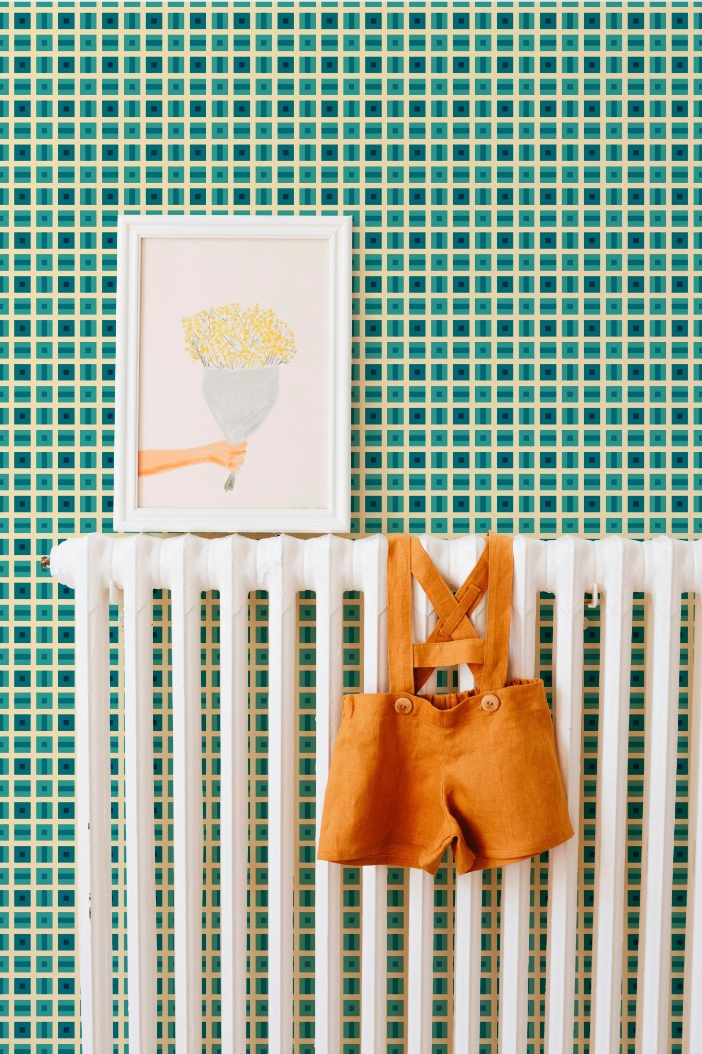 Helms Alee Retro Squares Wallpaper in Six Colors - Wallpaper | Victoria Bright Home - Colorful Modern Wallpaper For Your Home - - bedroom,blue,dining,green,kids,kitchen,modern,nursery,office,orange,pink,retro,sixties,turquoise,yellow