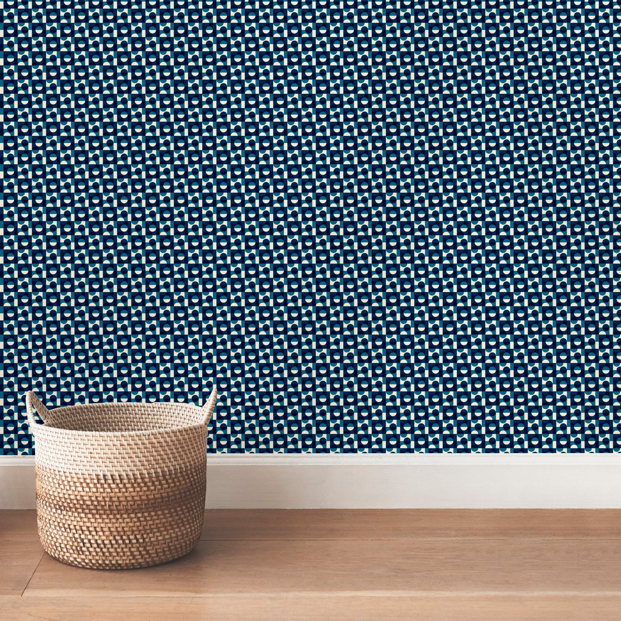 Japanese Aesthetic Tiny Tokyo Blue Wallpaper - Wallpaper | Victoria Bright Home - Colorful Modern Wallpaper For Your Home - - asian-inspired,bedroom,blue,checkered,dots,japandi,japanese,kitchen,modern