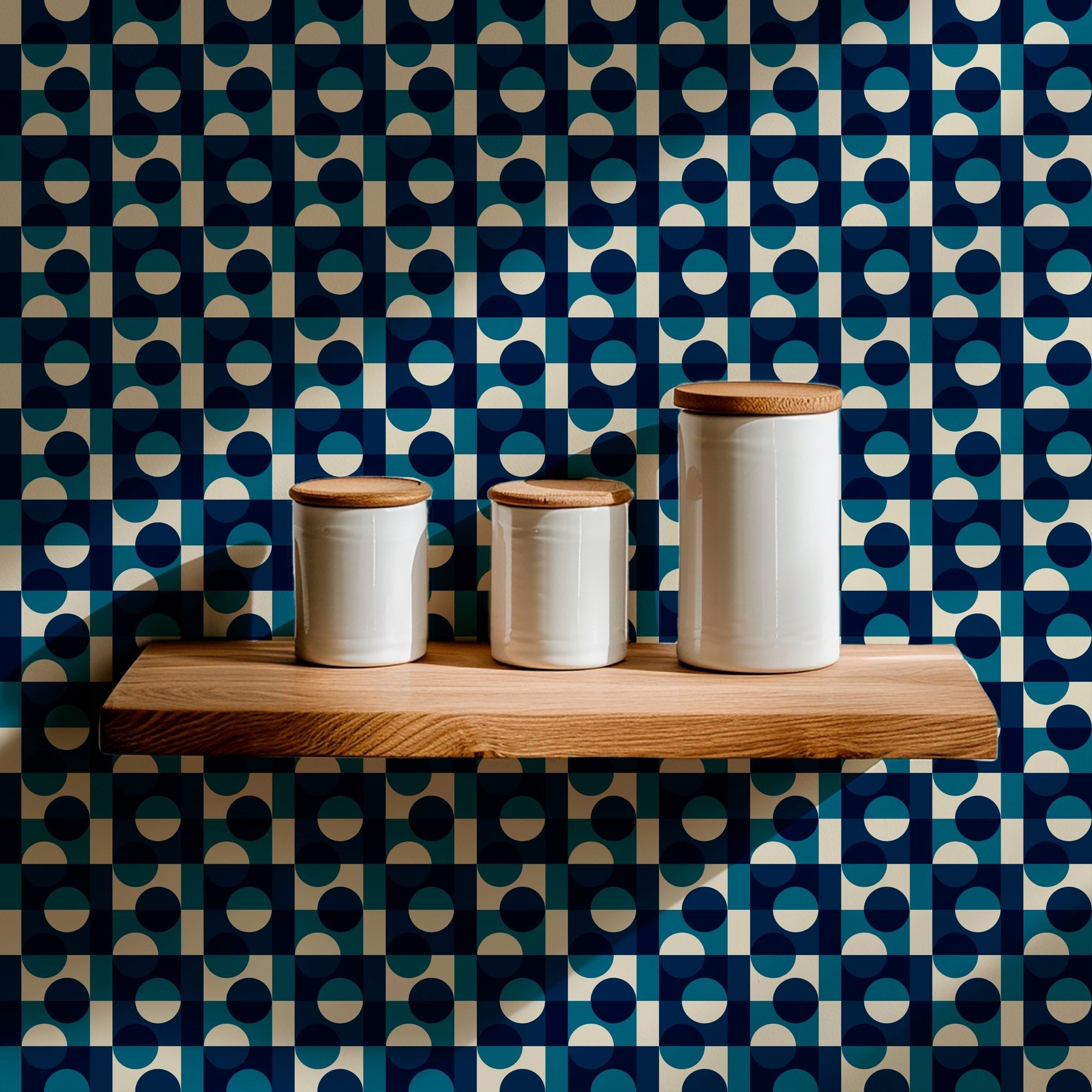 Japanese Aesthetic Tiny Tokyo Blue Wallpaper - Wallpaper | Victoria Bright Home - Colorful Modern Wallpaper For Your Home - - asian-inspired,bedroom,blue,checkered,dots,japandi,japanese,kitchen,modern