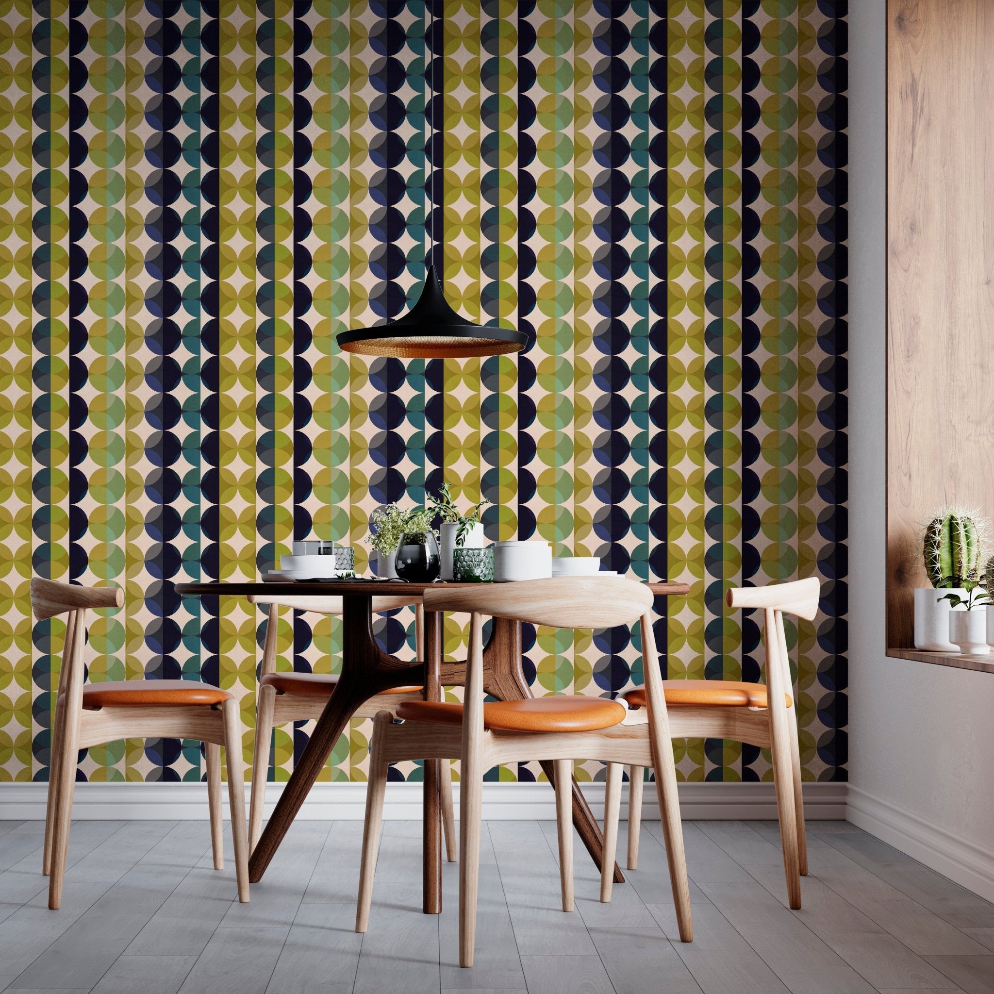 gemstone green and blue mid century modern wallpaper in a dining room