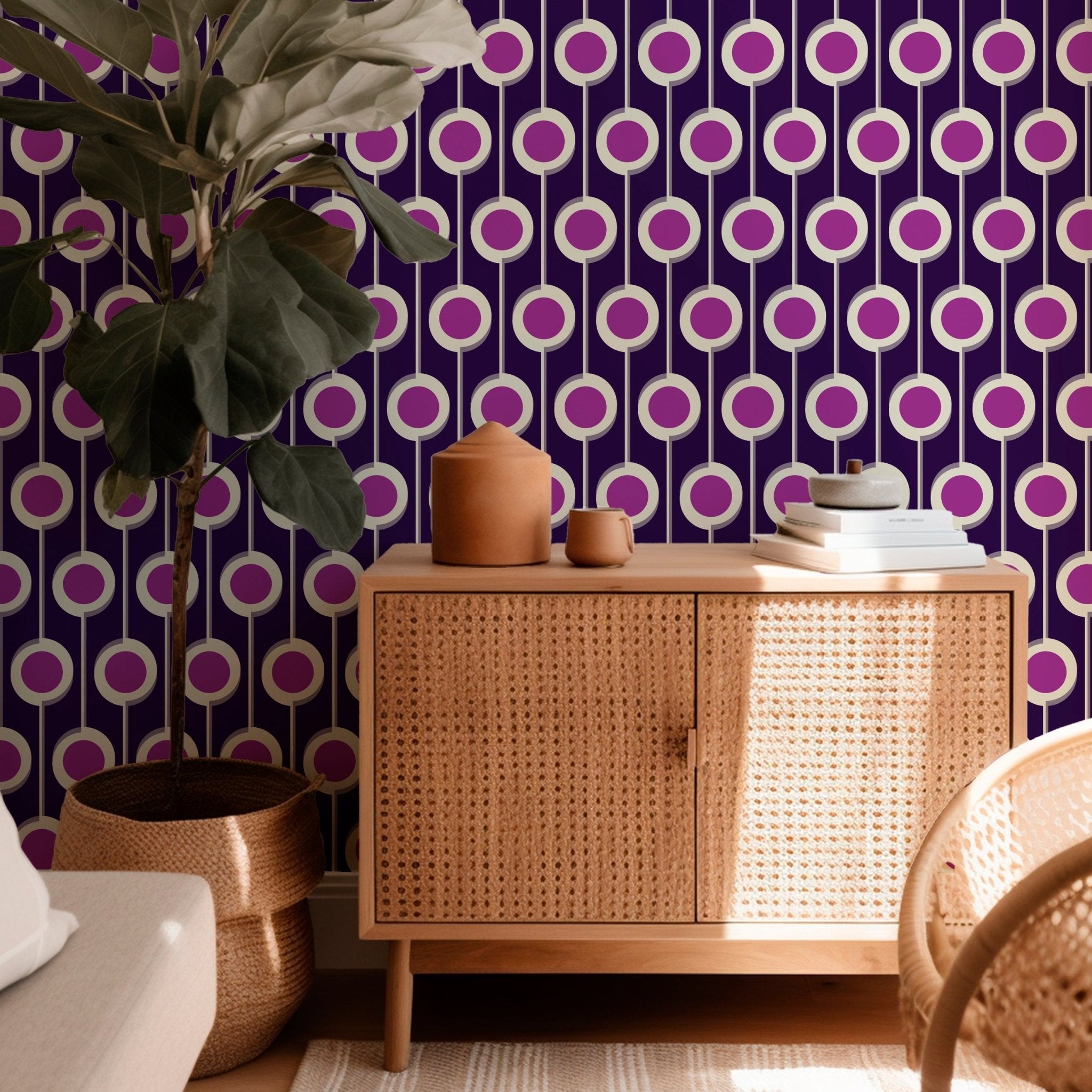 Purple retro prairie wallpaper in a family room with a wicker credenza